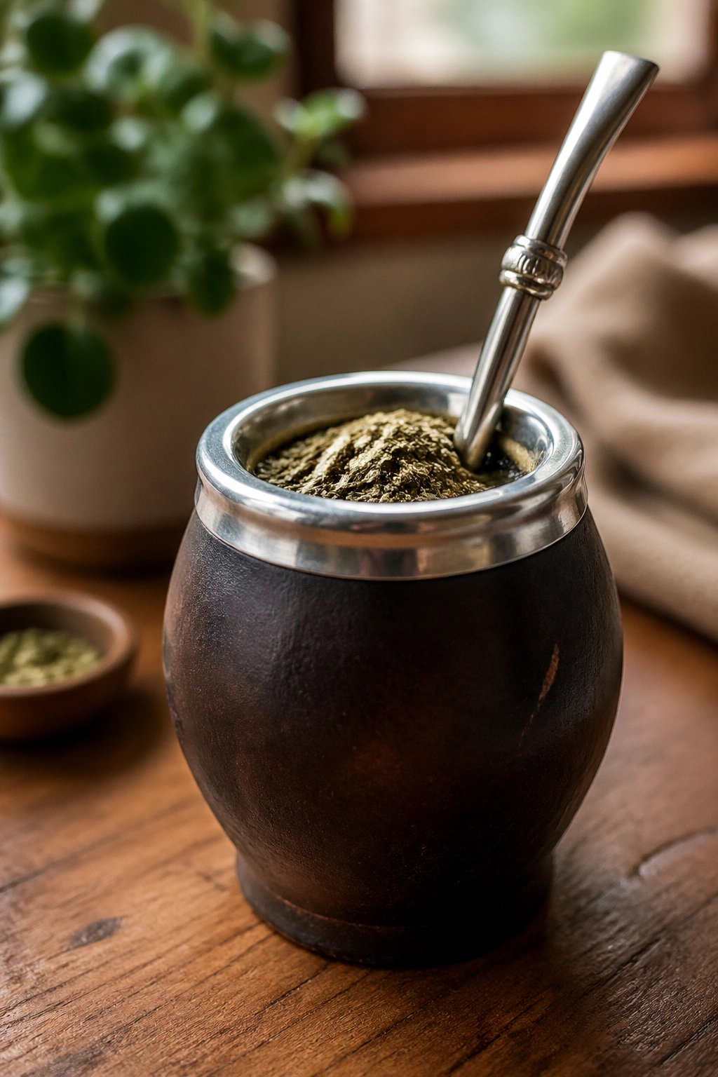 Close-up of a yerba mate gourd with bombilla on a wooden surface