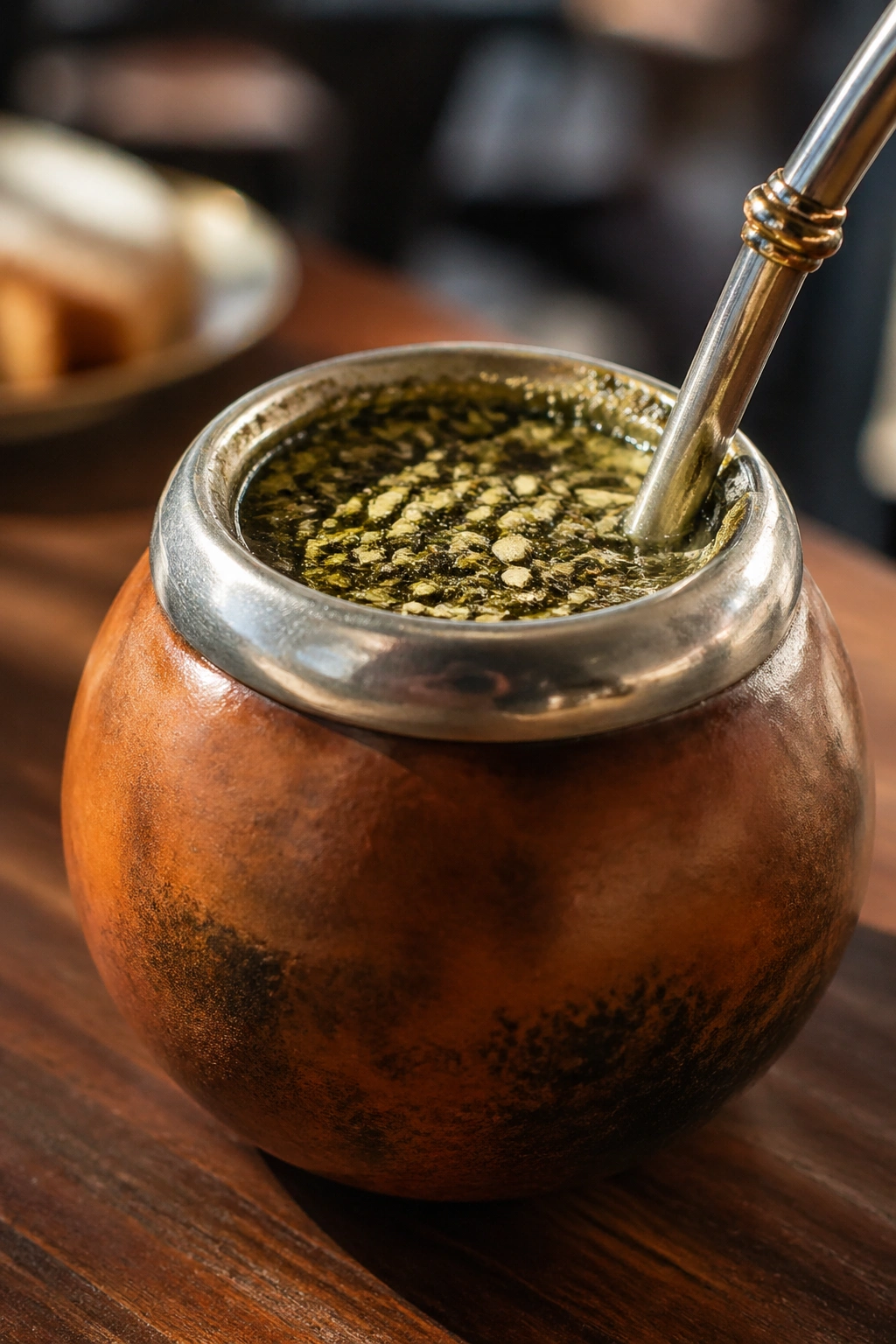 Yerba mate gourd with bombilla in a cozy cafe setting