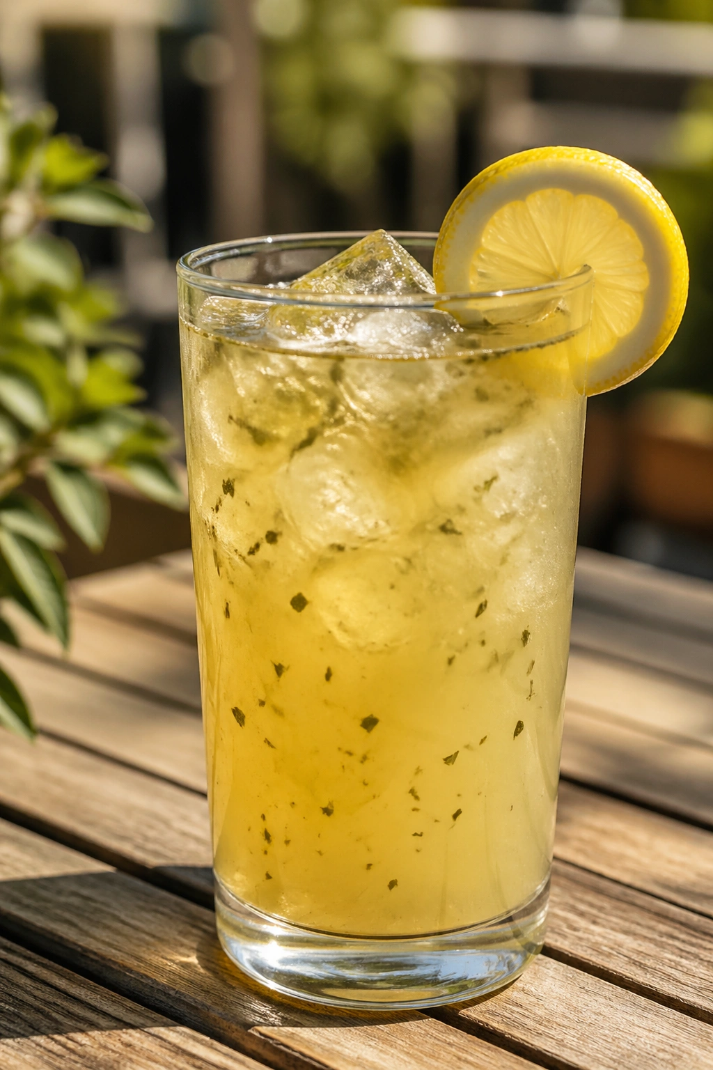 Close-up of Yerba Mate Lemonade in a glass with lemon on a sunny patio