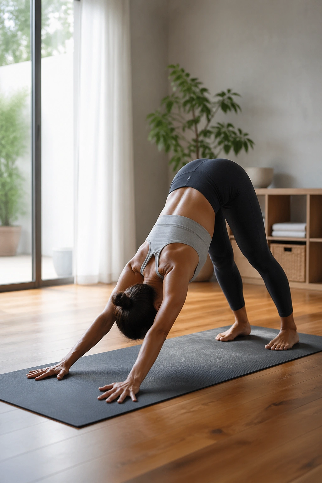 Downward dog pose on yoga mat in cozy home living room