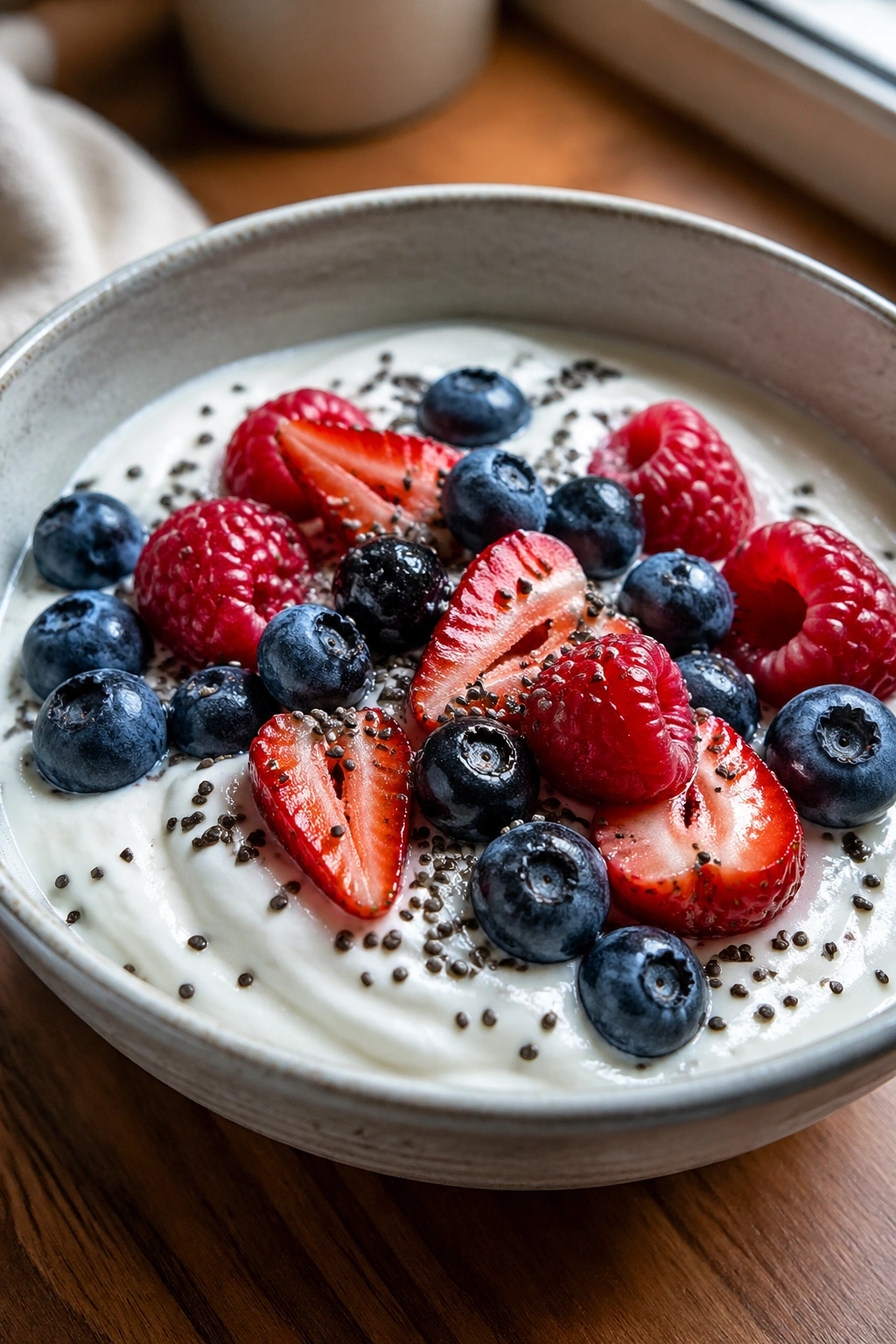 Close-up of a bowl of Greek yogurt with berries and chia on a wooden countertop