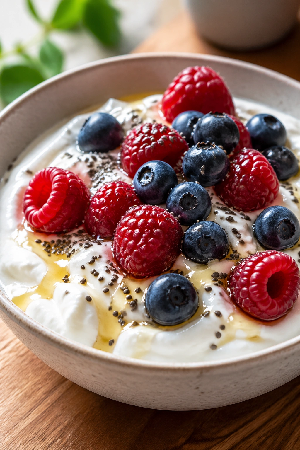 Close-up of Greek yogurt with berries and chia on a wooden counter