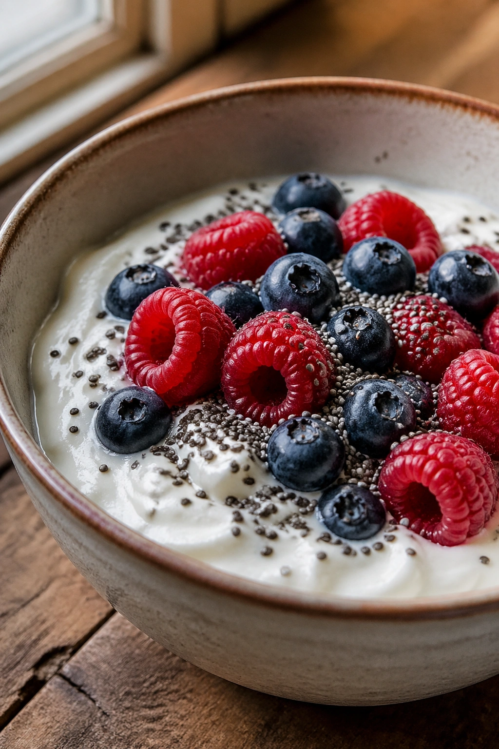 Close-up of a high-protein Greek yogurt bowl with berries and chia seeds on a wooden counter