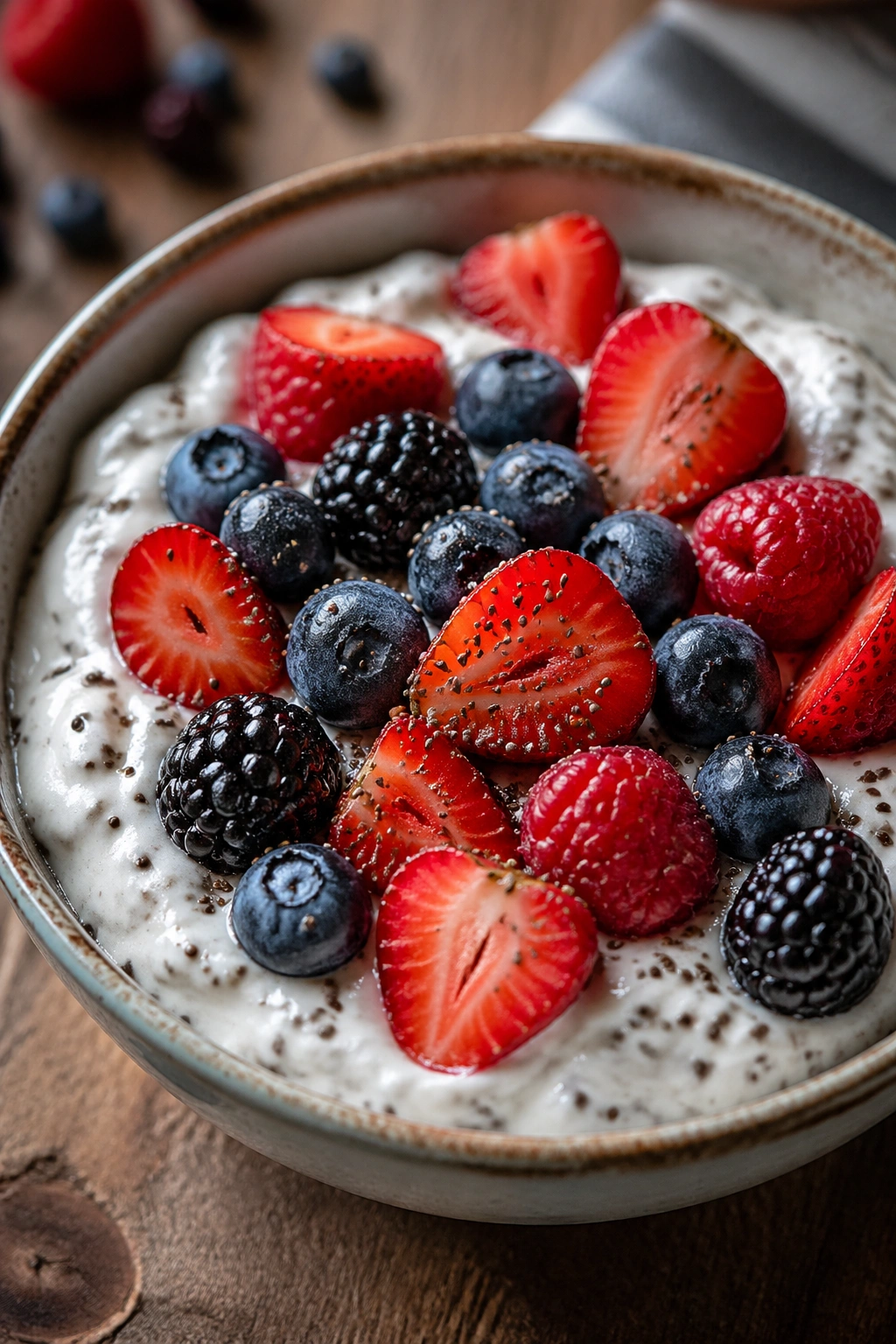 Close-up of thick Greek yogurt with berries and chia seeds on a rustic wooden counter