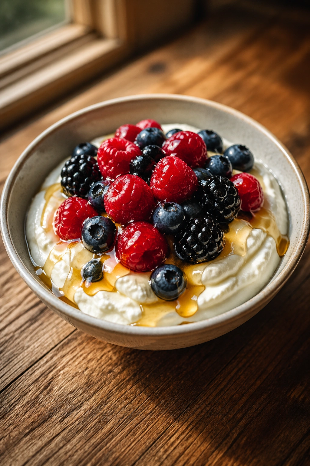 Close-up of a bowl of Greek yogurt with berries and honey on a wooden counter
