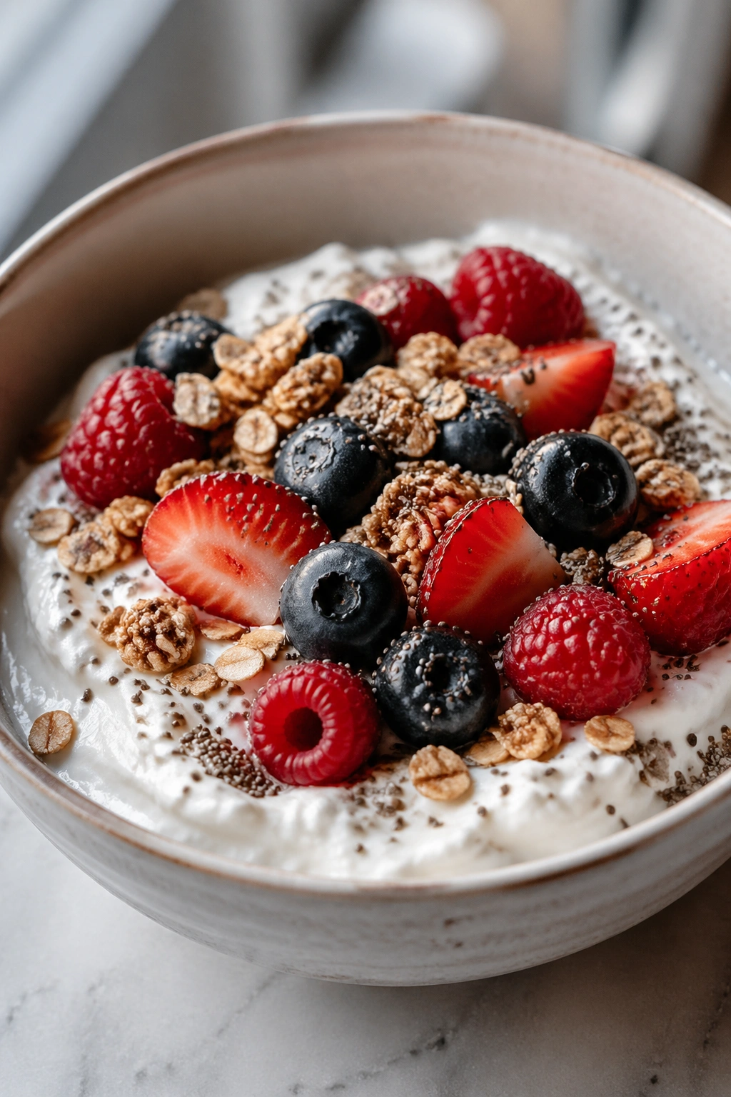 Close-up of a bowl of plain Greek yogurt with berries, oats and chia seeds on a morning kitchen counter