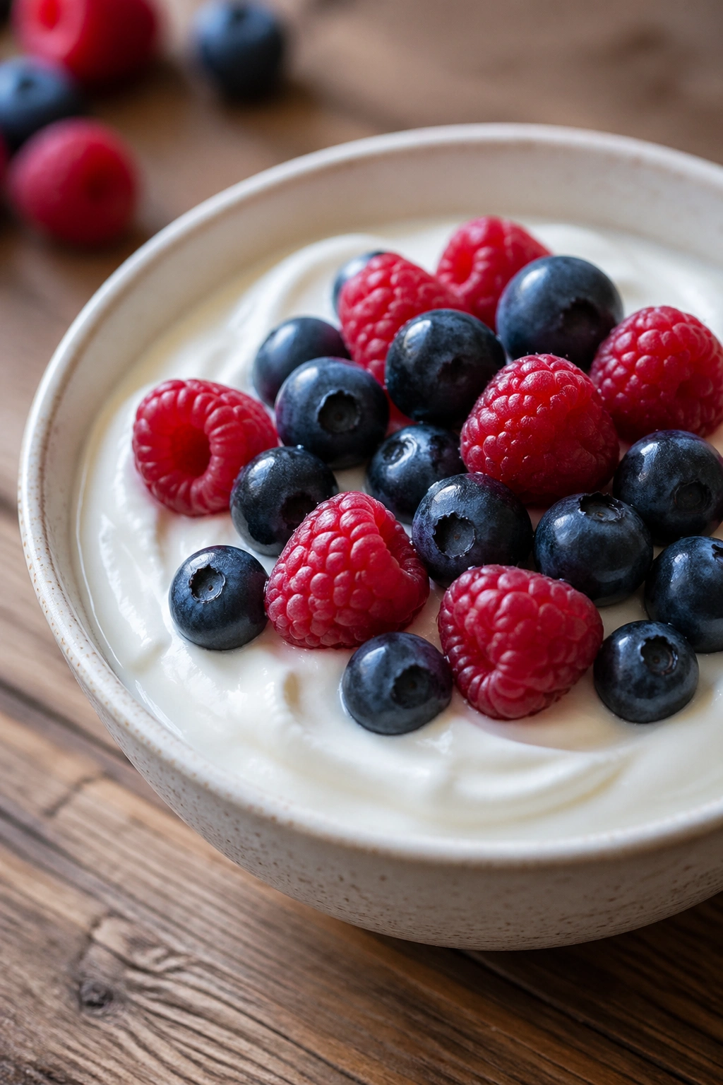 Close-up of a bowl of plain Greek yogurt with berries on a wooden counter