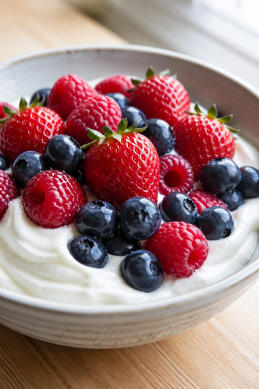 Close-up of plain Greek yogurt with mixed berries in a bowl on a kitchen counter