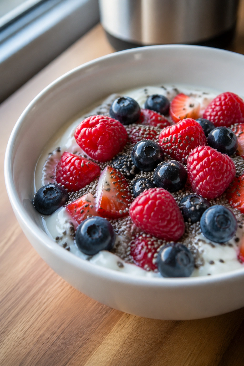 Close-up of a yogurt bowl with berries and chia seeds for post-workout timing