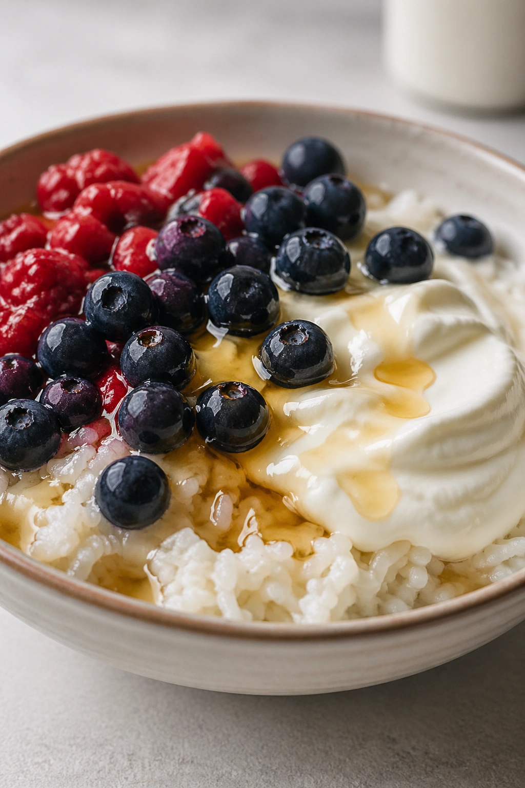 Close-up Greek yogurt berry rice bowl showing rice, yogurt, and berries on a kitchen counter.