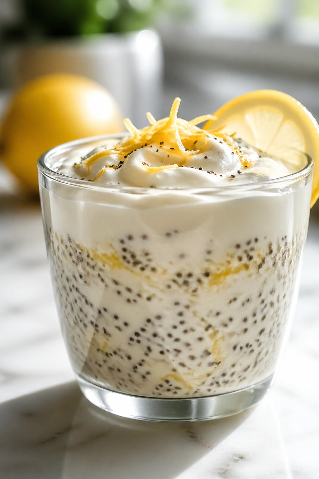 Close-up of lemon vanilla Greek yogurt chia cup ready for pre-workout fueling