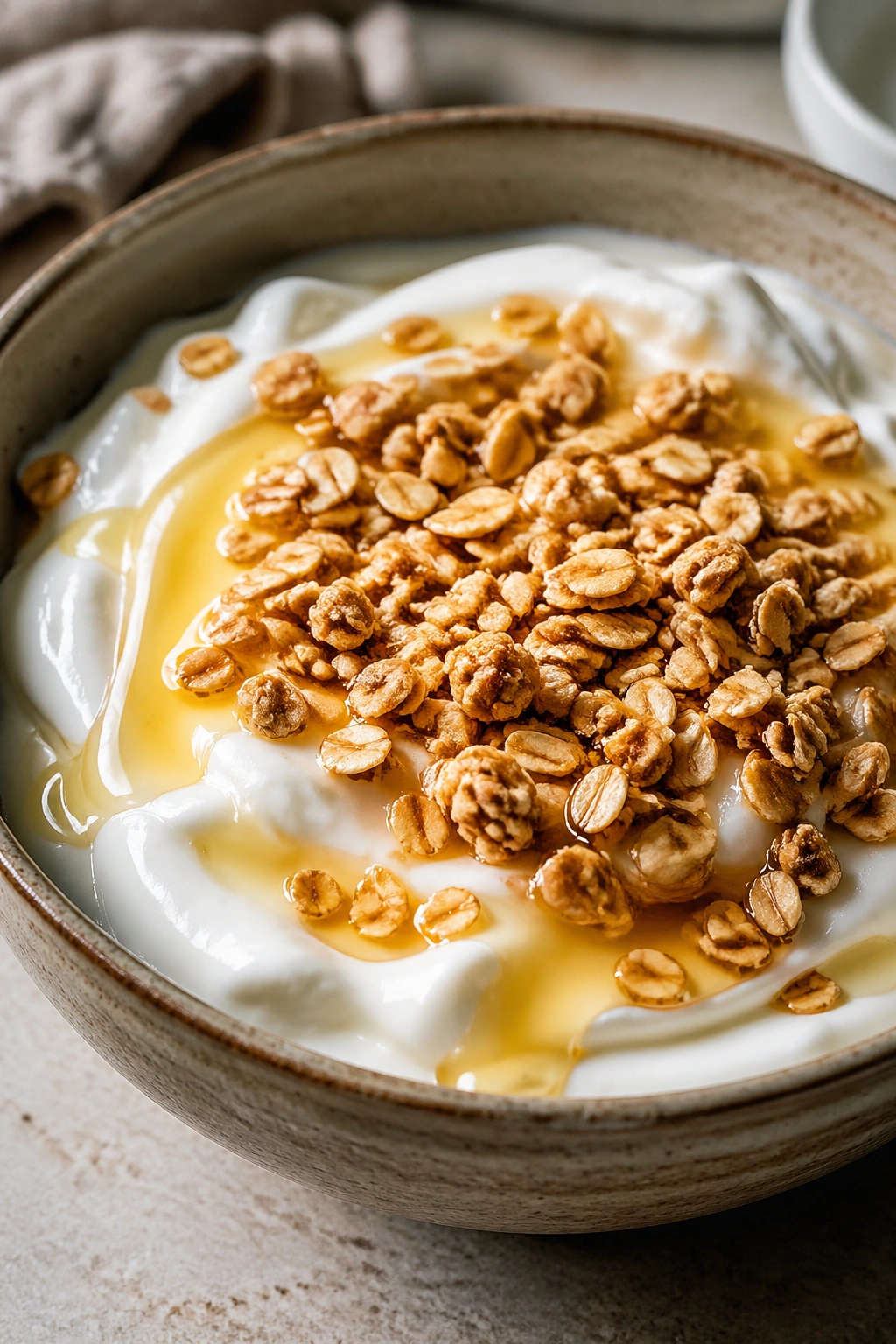 Close-up bowl of plain Greek yogurt with honey and granola in a kitchen