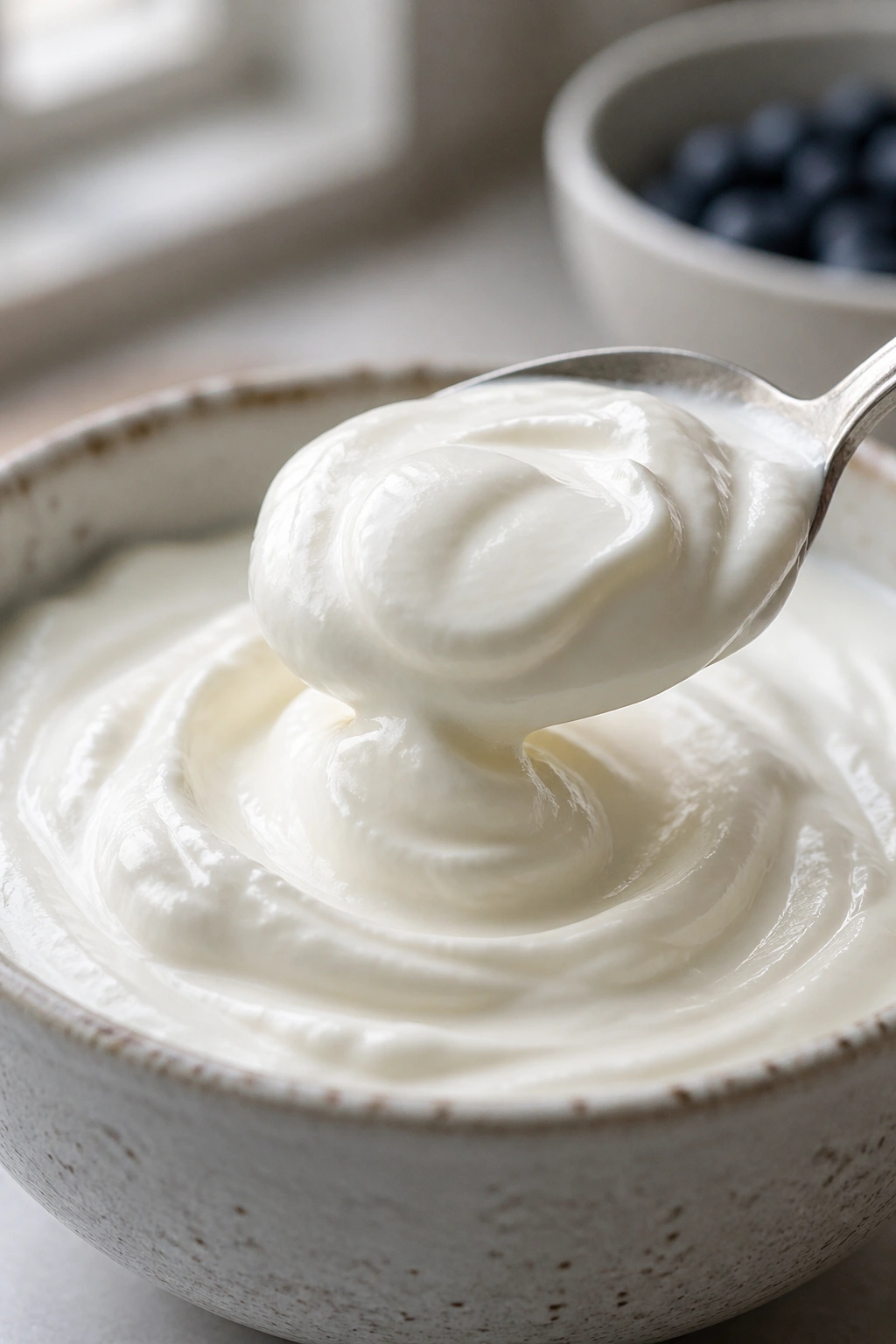 Close-up spoonful of Greek yogurt showing texture