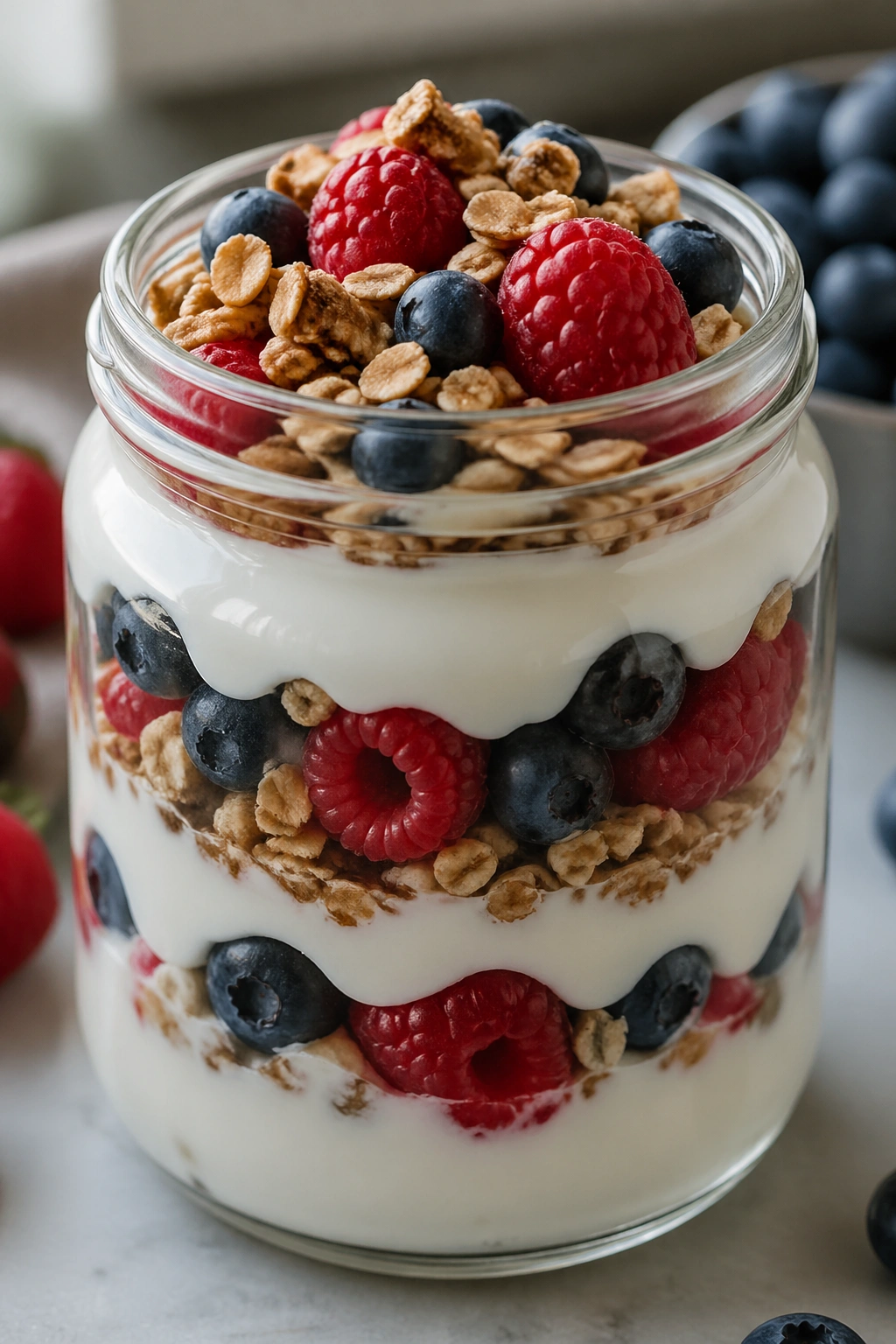 Close-up of yogurt parfait in jar with berries and granola on a kitchen counter
