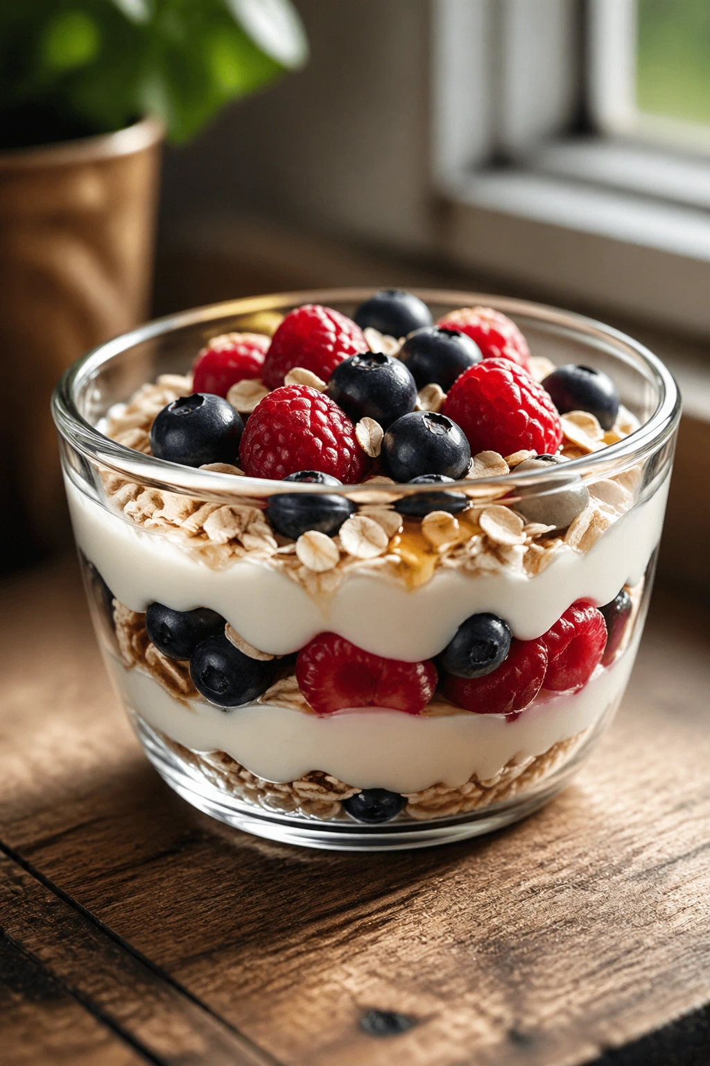 Close-up of a Greek yogurt parfait with berries and oats in a glass bowl on a wooden countertop