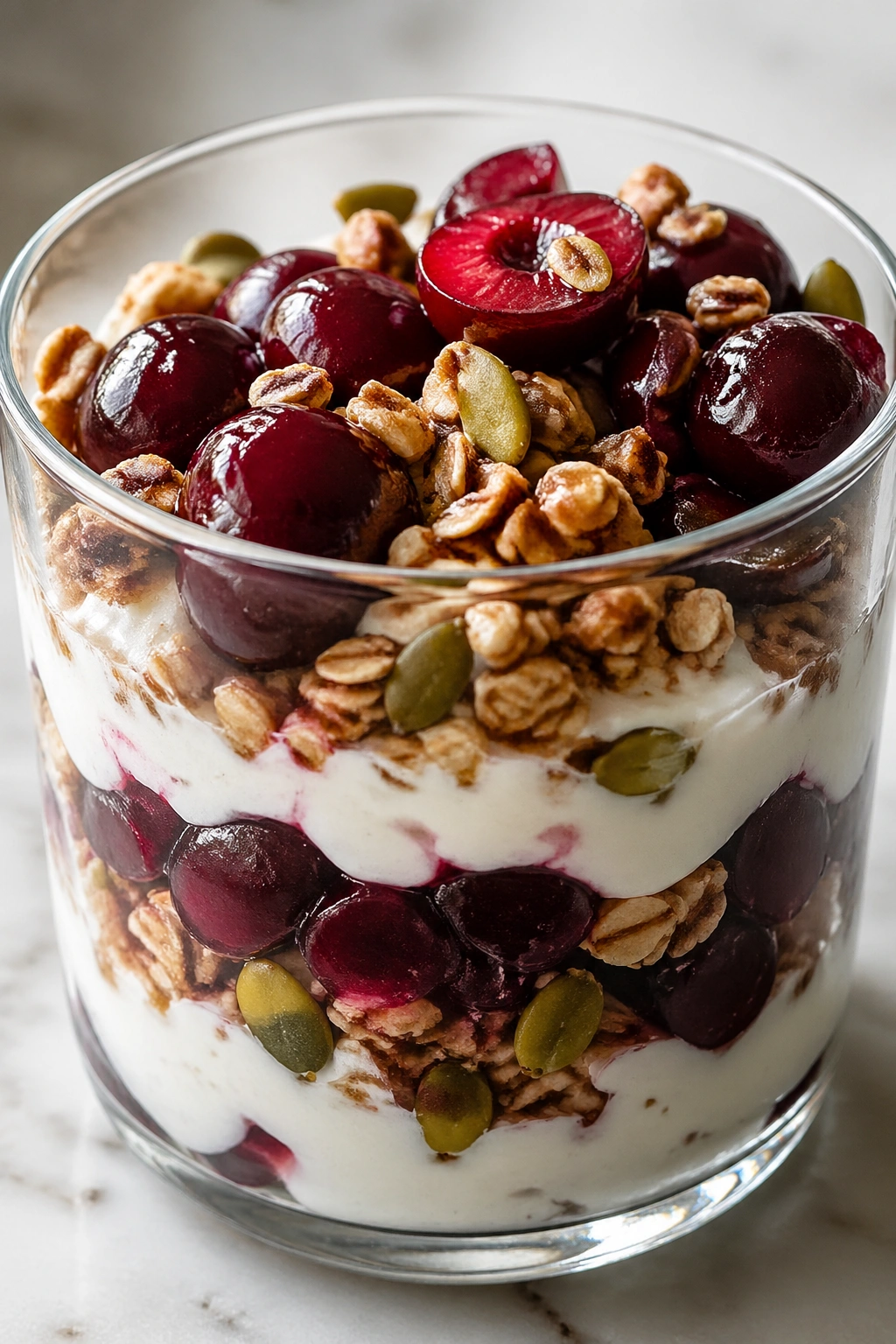 Parfait of yogurt, cherries, granola, and pumpkin seeds