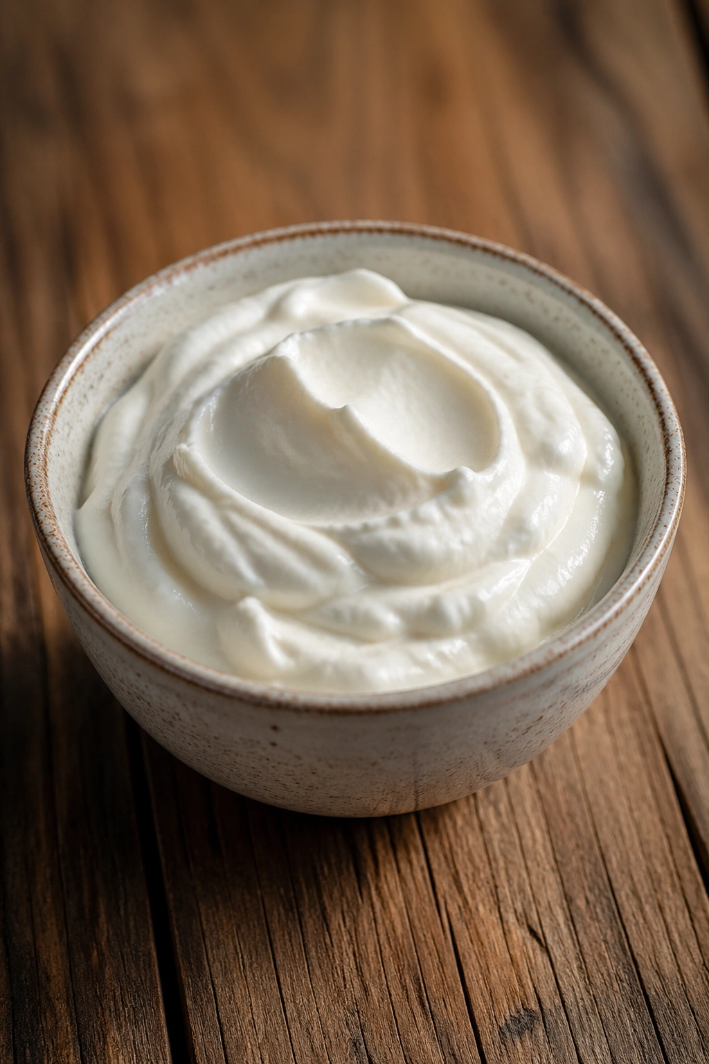 Thick plain Greek yogurt in a rustic bowl on a wooden surface