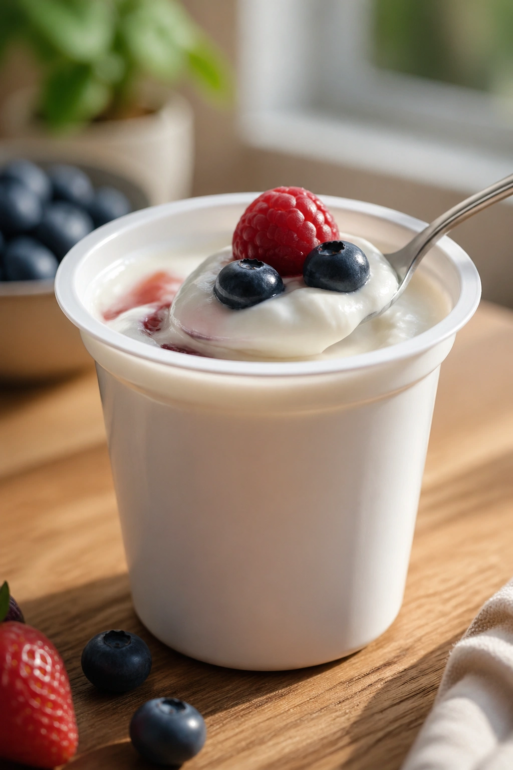 Yogurt cup with berries topped, no visible label