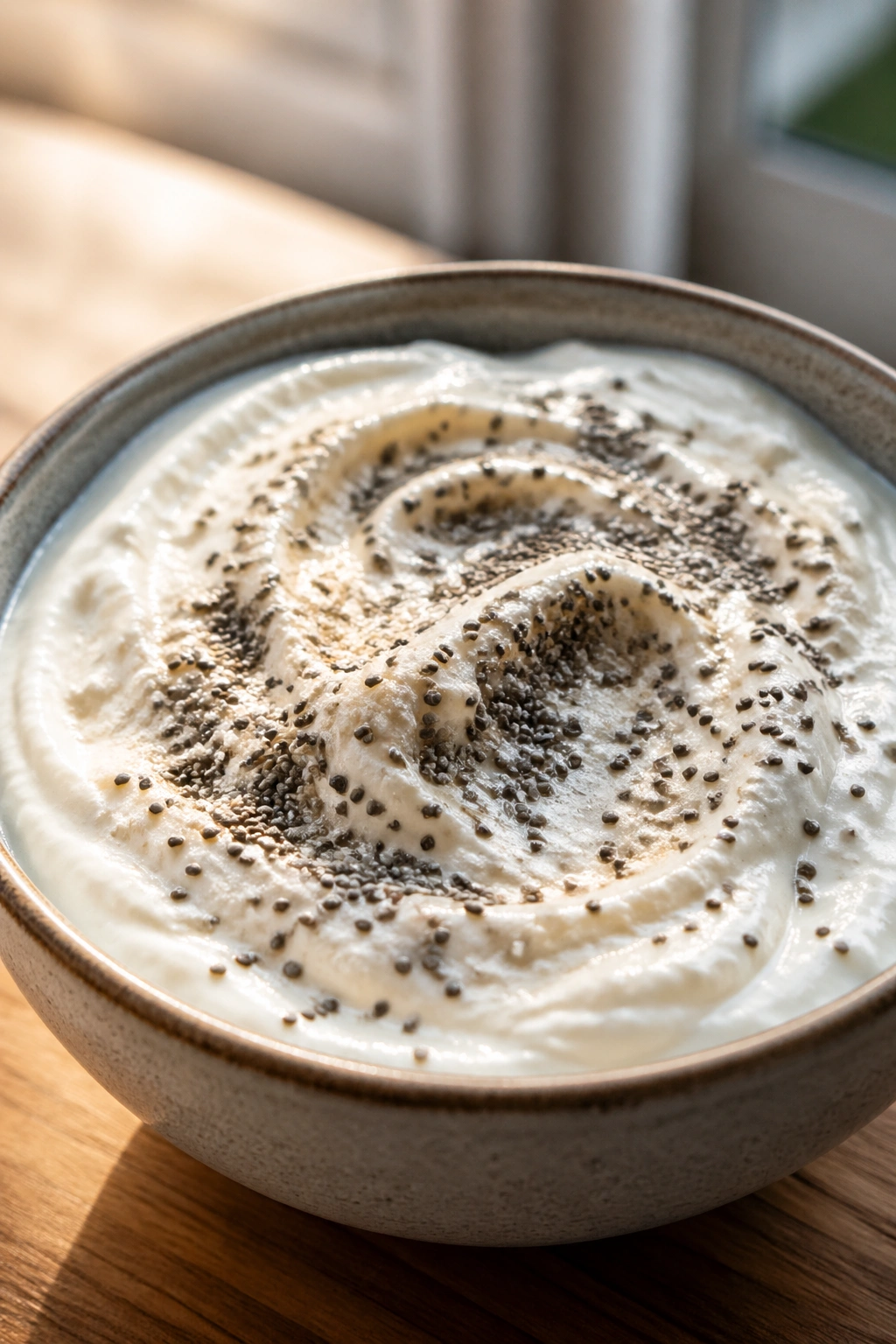 Close-up of full-fat Greek yogurt with whey and chia in a bowl, protein-rich keto snack
