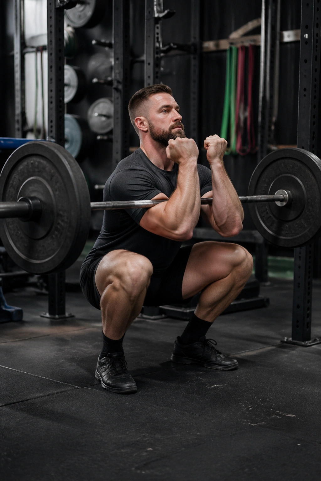 Lifter in Zercher squat with barbell in crooks of elbows in a gym