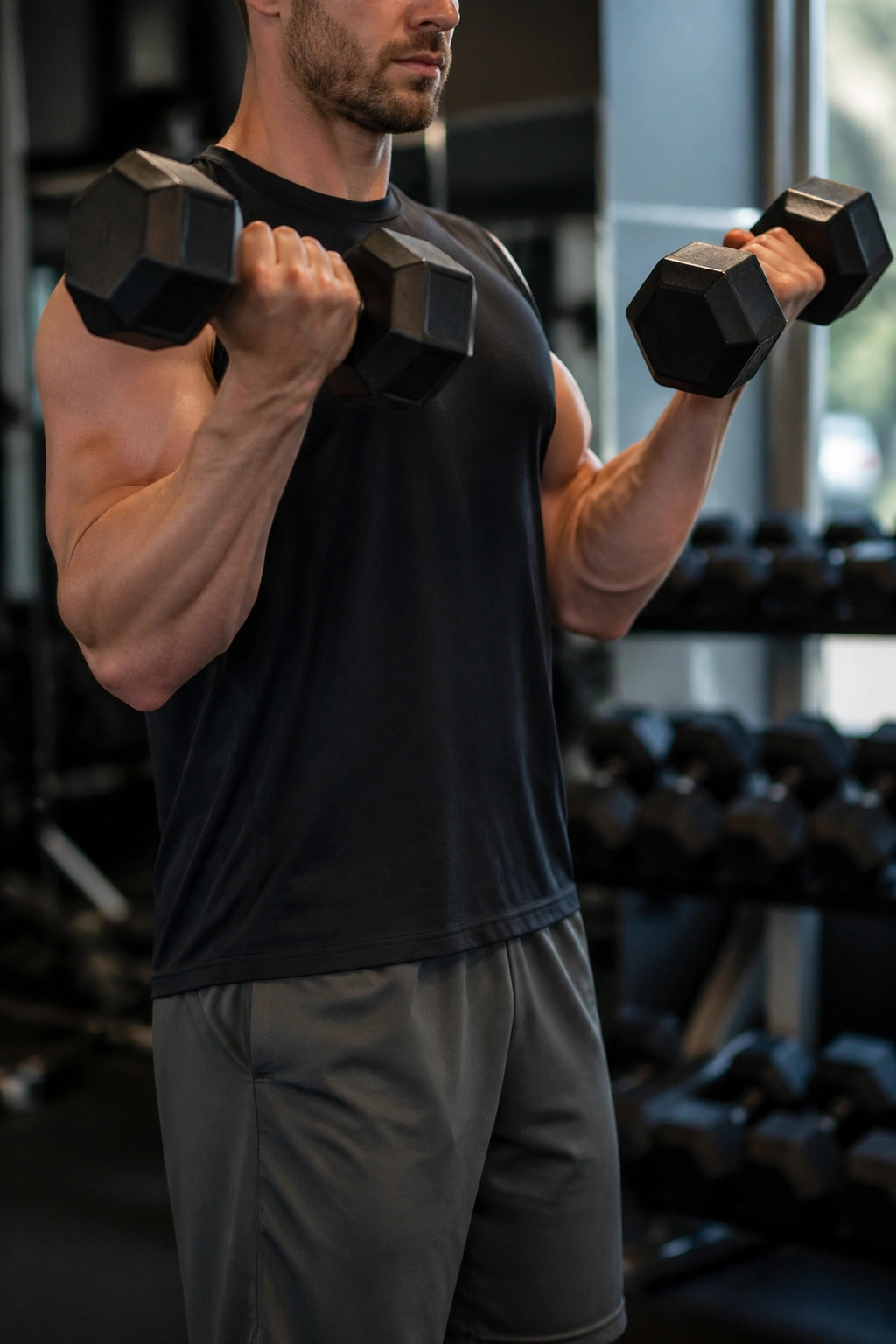 Medium close-up of a real person performing a Zottman Curl with wrists rotating at the top
