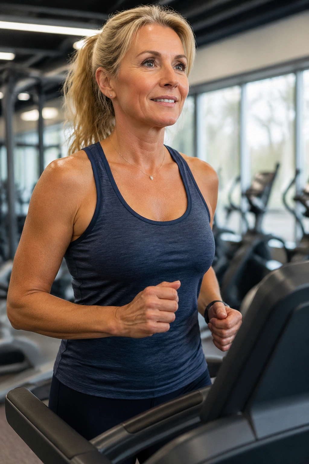 Real woman on treadmill performing steady-state cardio in gym
