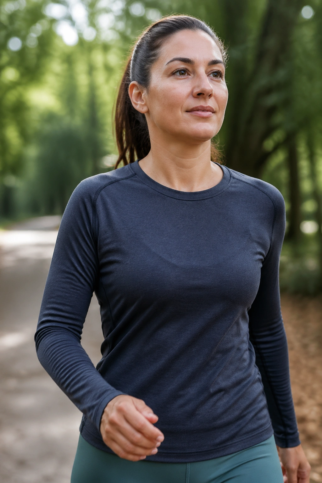 Close-up of a person walking on a park trail, showing steady Zone 2 weekend walk effort