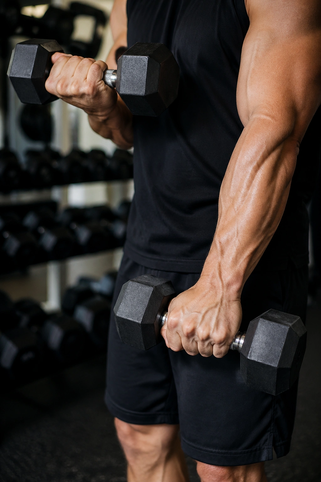 Close-up of arms performing a Zottman curl with dumbbells, top supinated then rotated to pronated during lowering