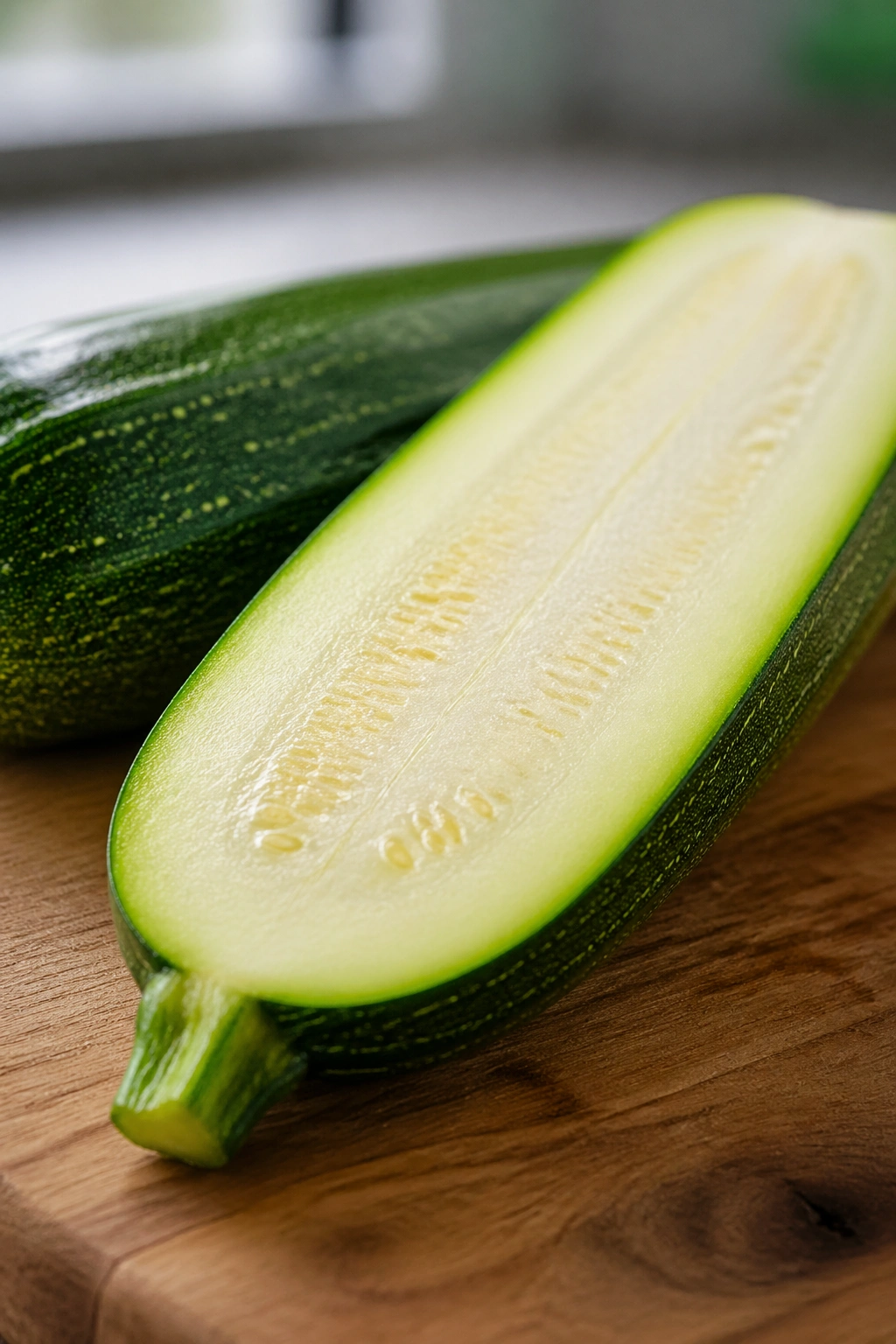 Close-up of halved zucchini filling the frame