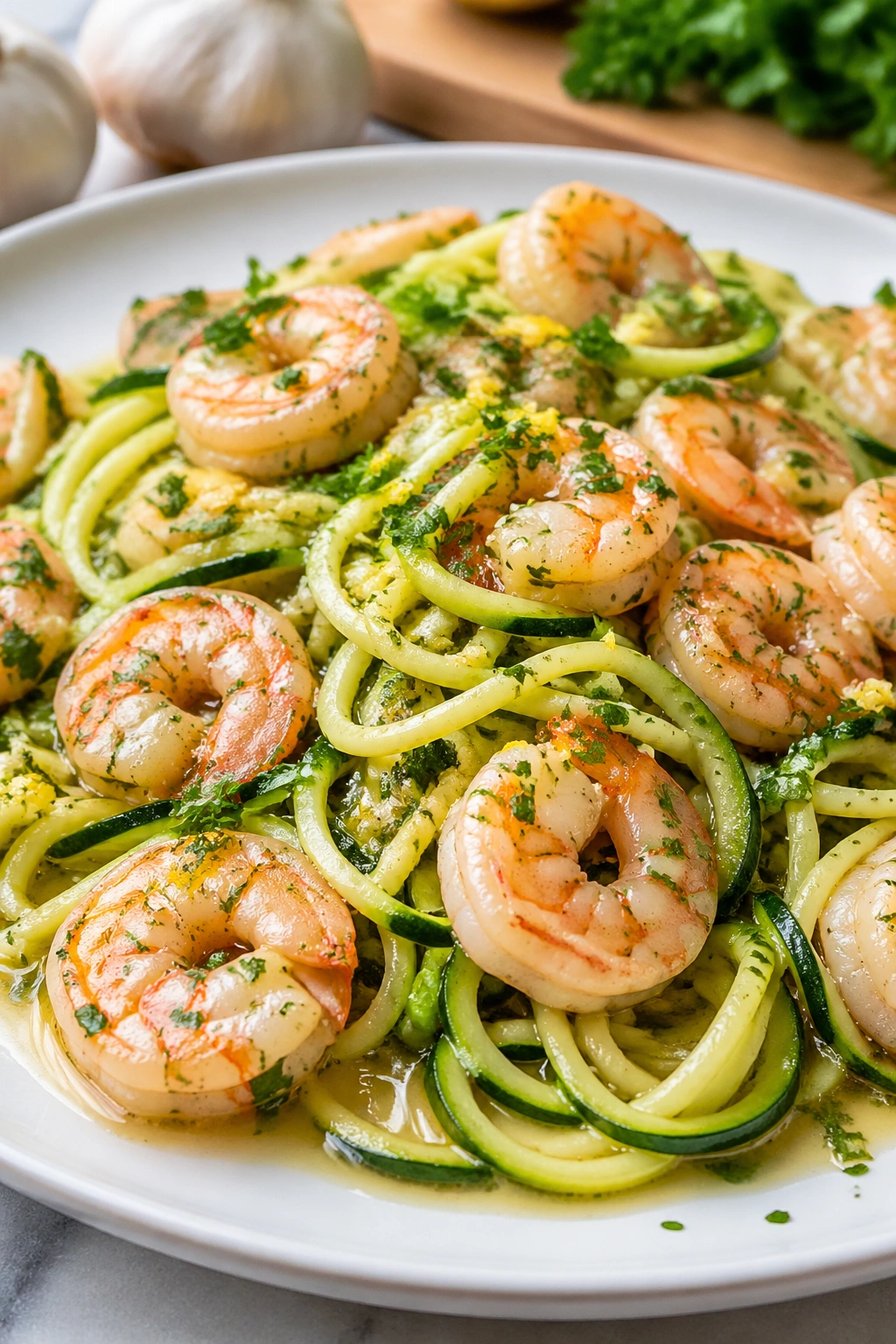 Close-up of zucchini noodle shrimp scampi on a plate in a bright kitchen