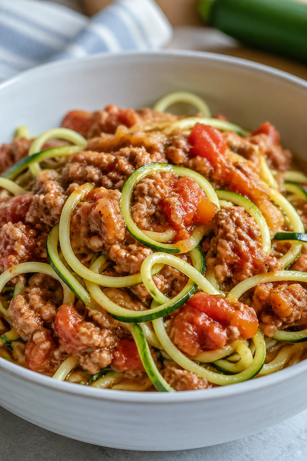 Zucchini noodles with turkey bolognese in a bowl.