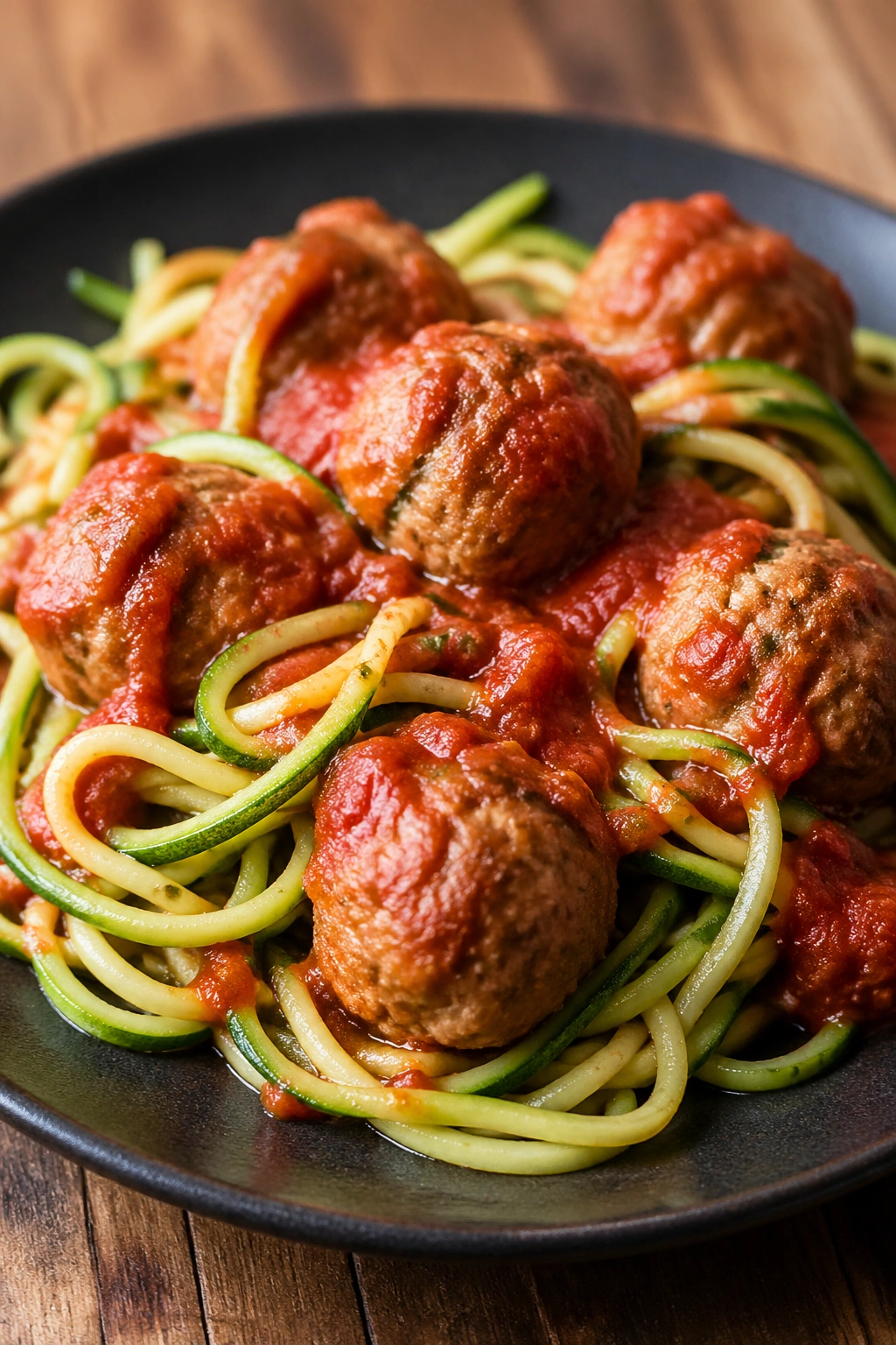Zucchini noodle pasta with turkey meatballs on a plate