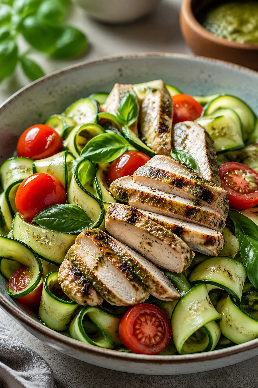 Close-up of zucchini ribbon salad with pesto chicken in a bowl.