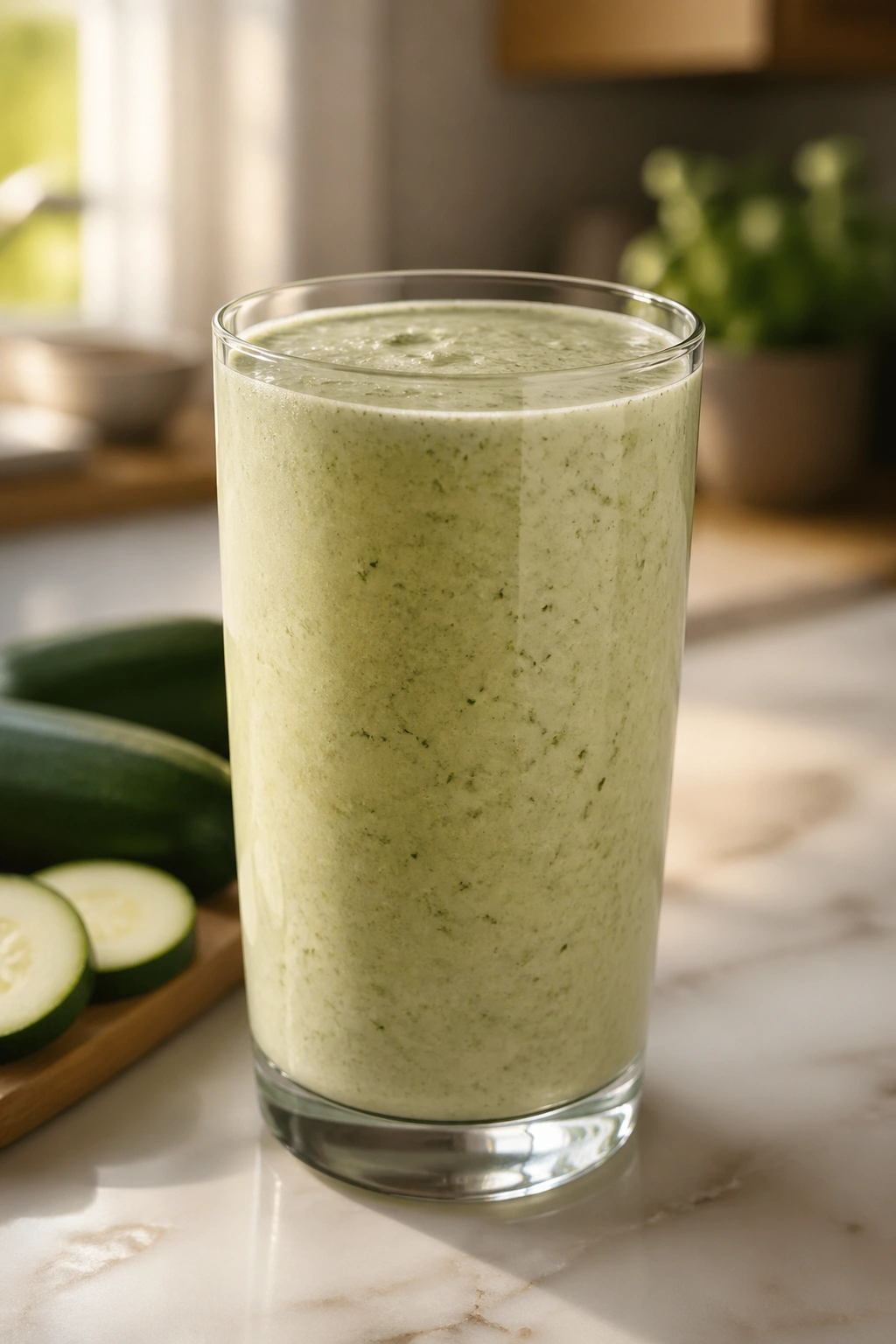 Close-up of a pale green zucchini vanilla protein smoothie in a glass on a kitchen counter