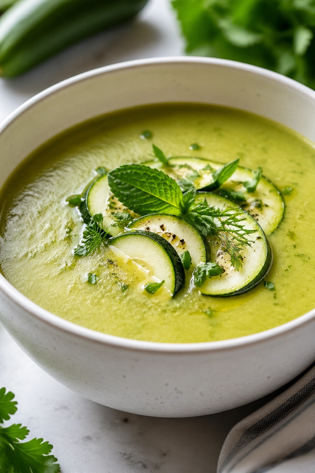 Close-up of Zucchini and Herb Soup with fresh herbs in a bowl