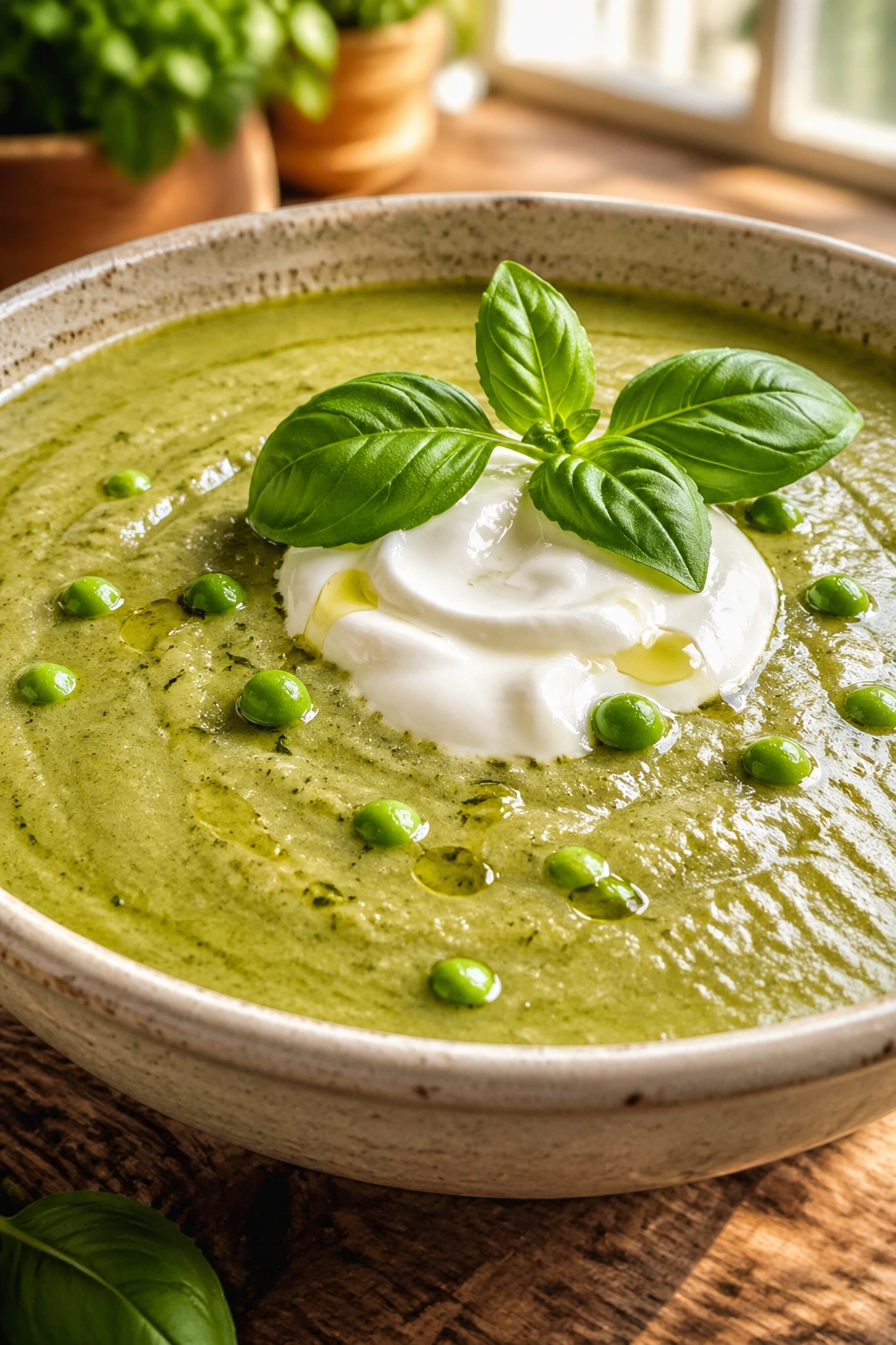 Close-up of zucchini basil soup in a bowl with a dollop of Greek yogurt