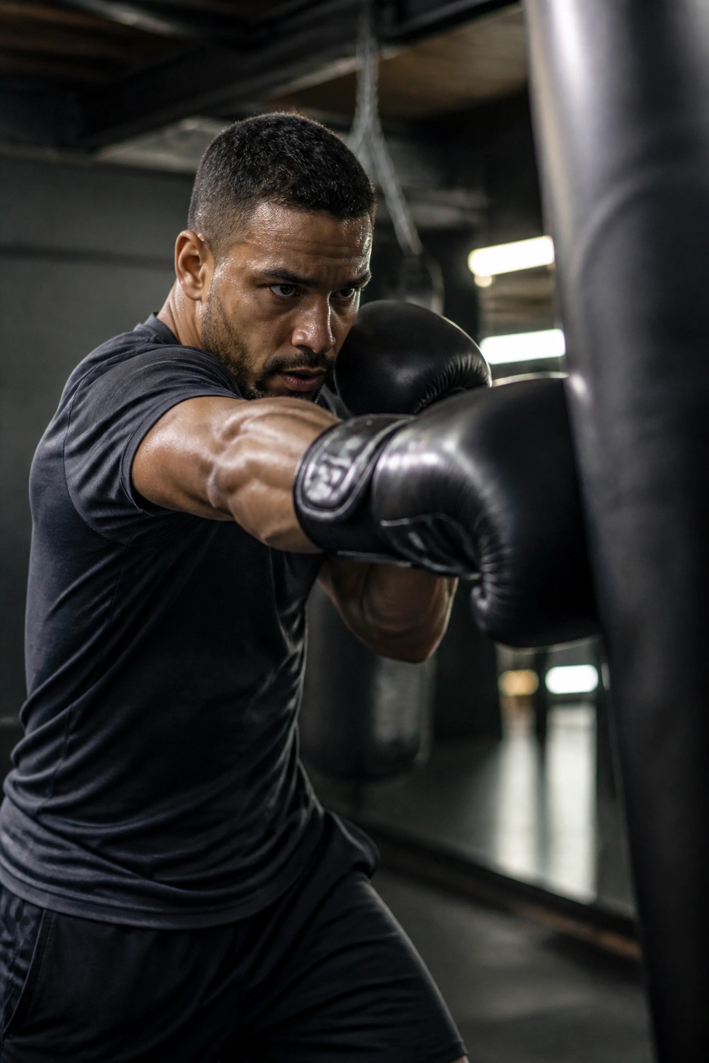 Close-up of boxer executing jab-cross with precision in gym.