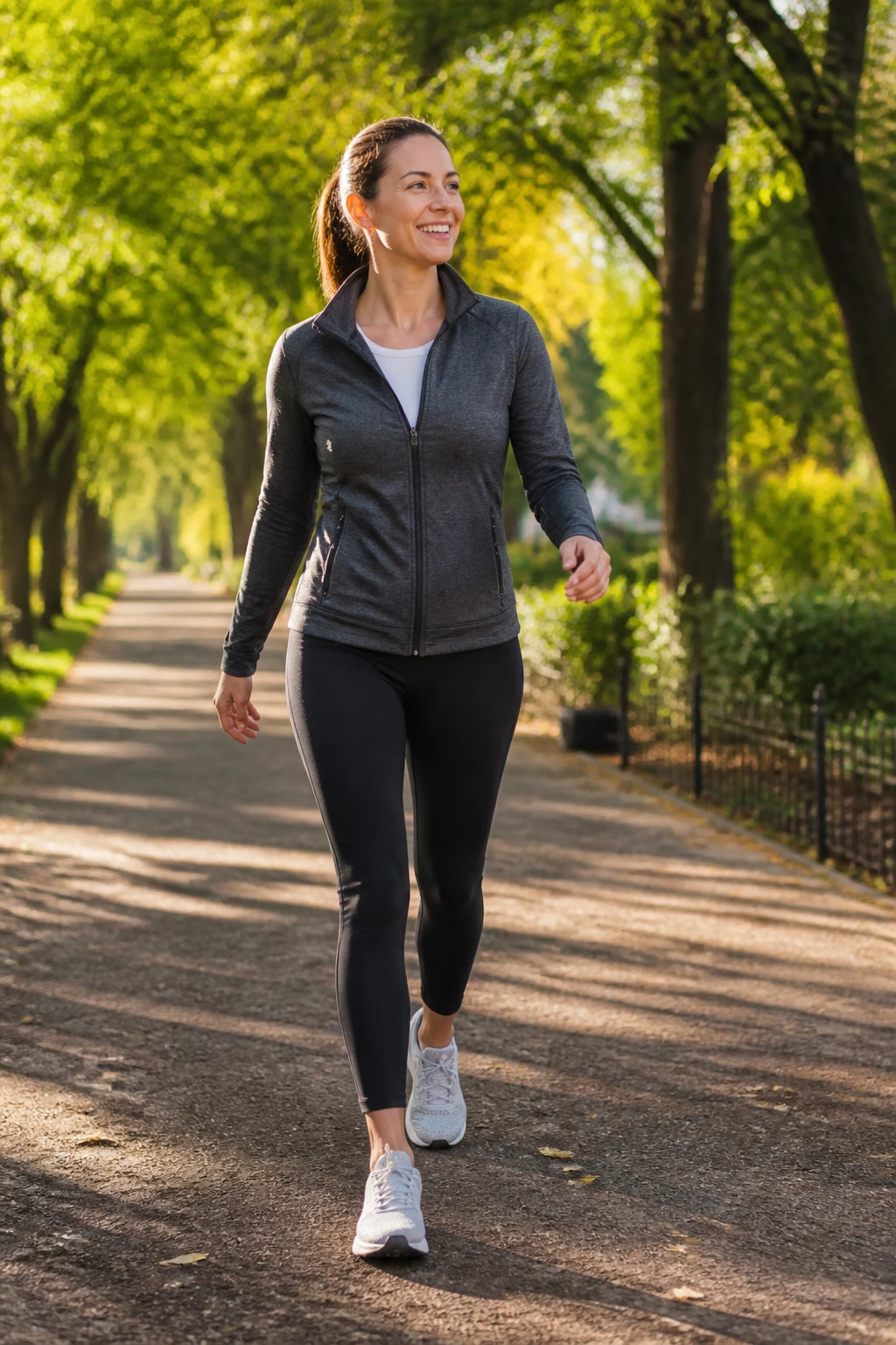 Photorealistic person walking in a park during morning light for a 10-minute walk mobility challenge