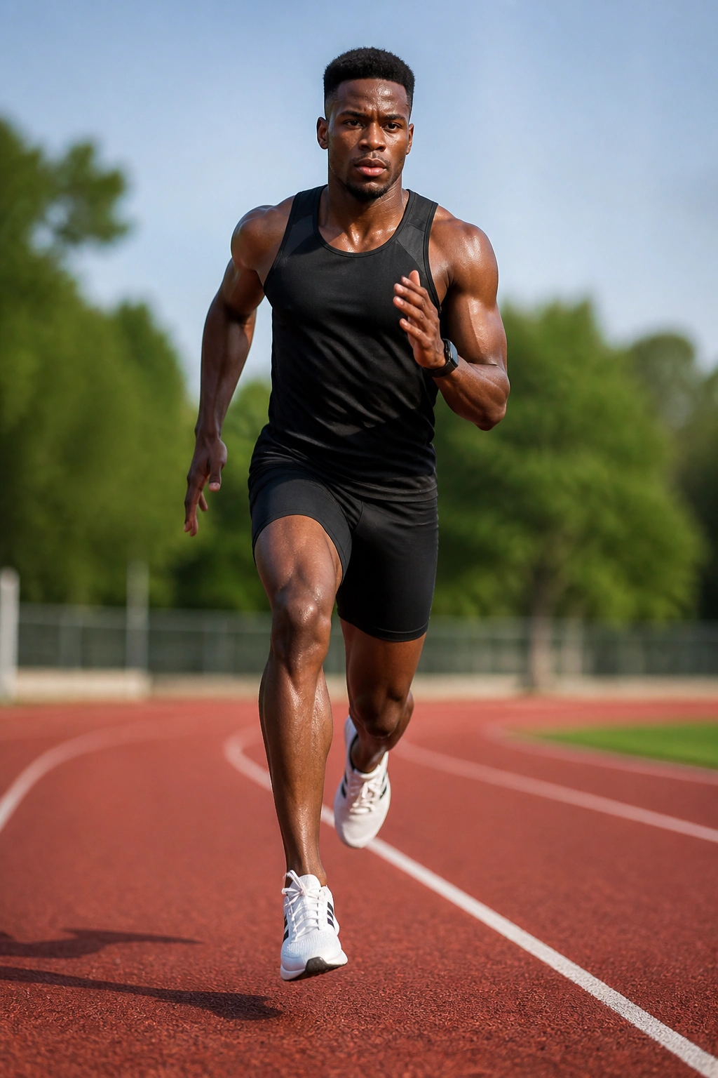 Runner performing relaxed accelerations on a track with calm expression