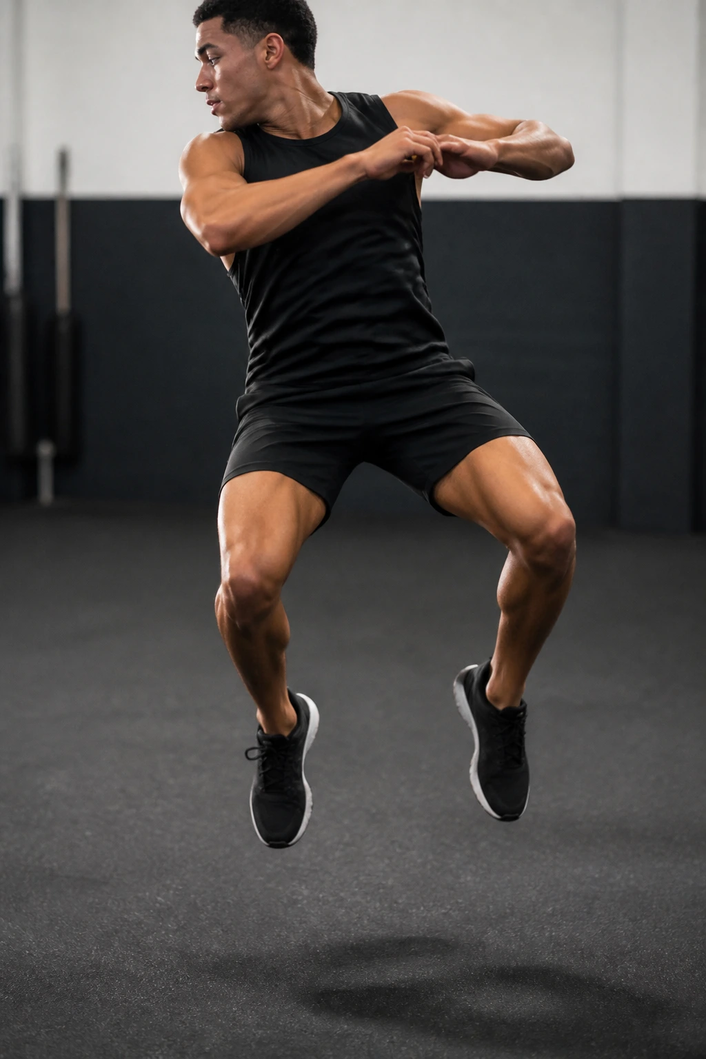 Athlete performing a 180-degree rotational jump in a gym
