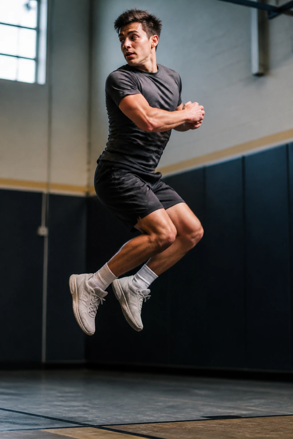 Medium-close action shot of an athlete performing a 180-degree squat jump in a gym