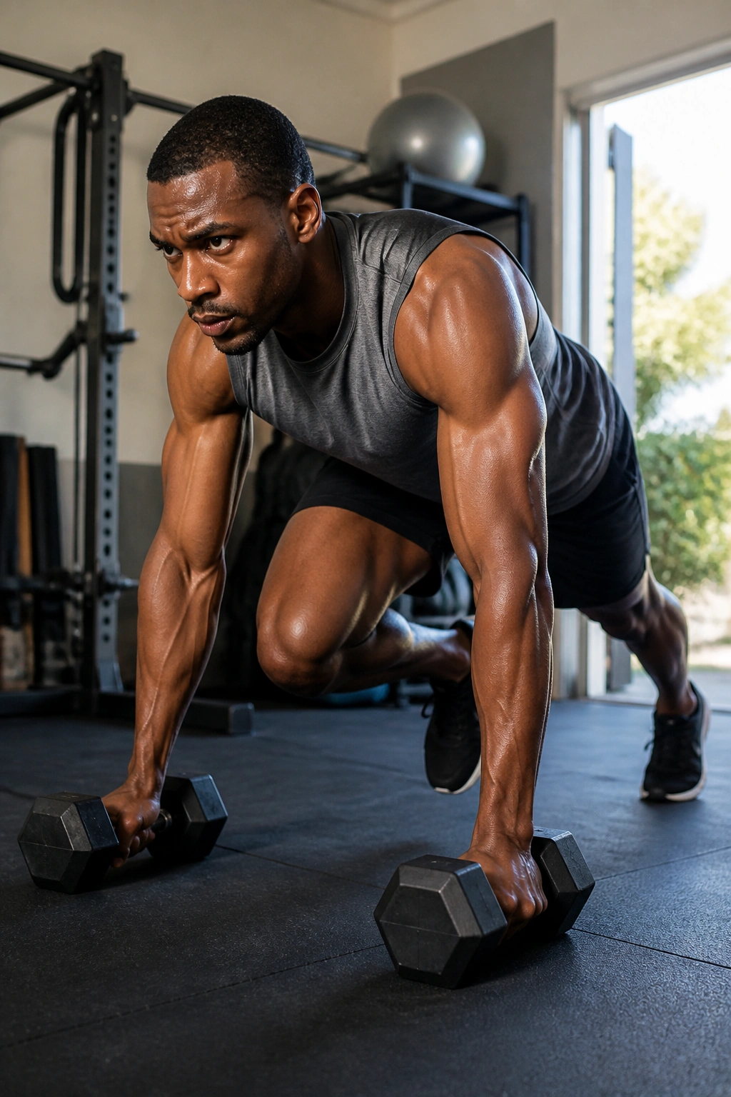 Person performing a fast full-body circuit in a compact space