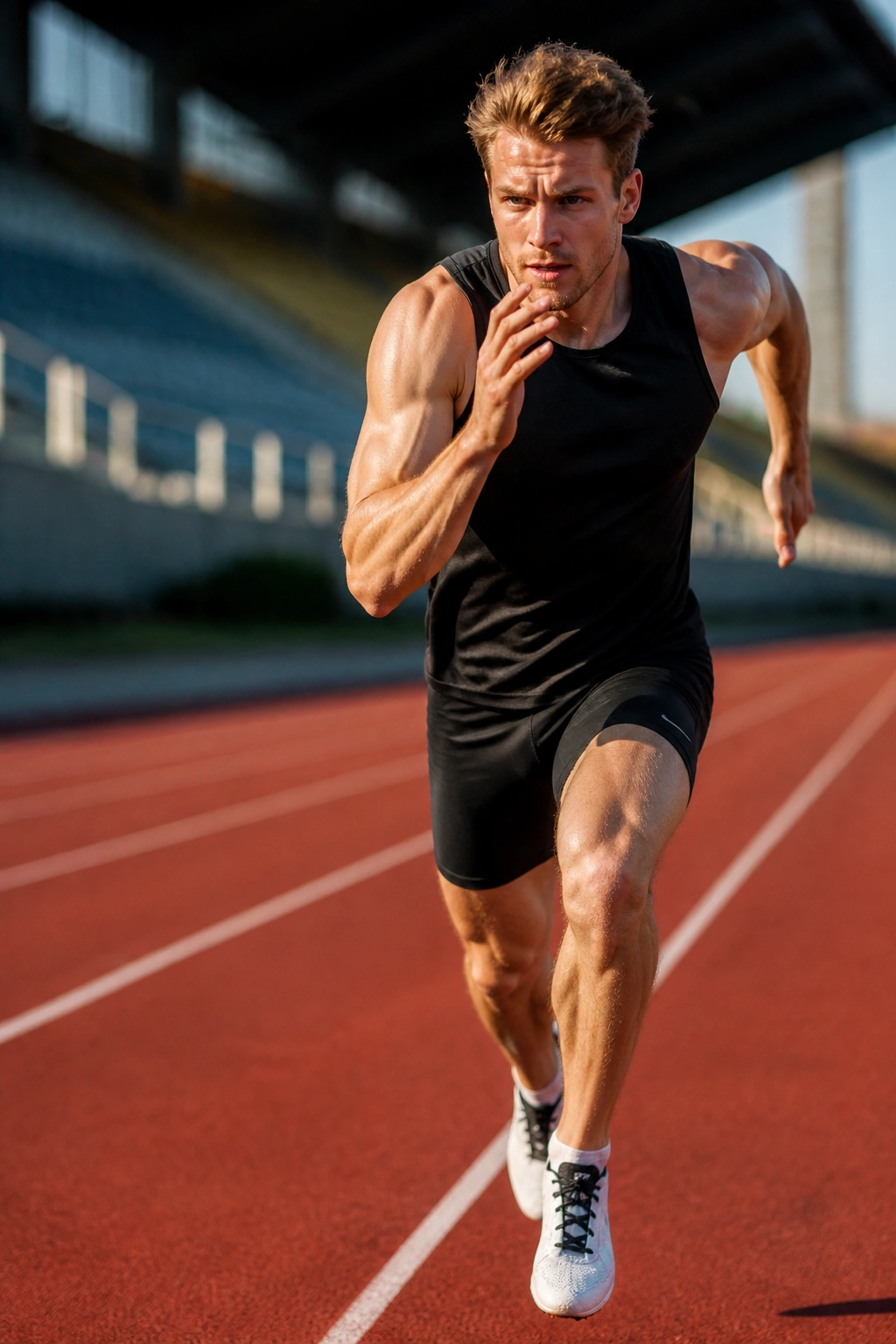Runner on track performing 200-meter repeats with controlled fast pace