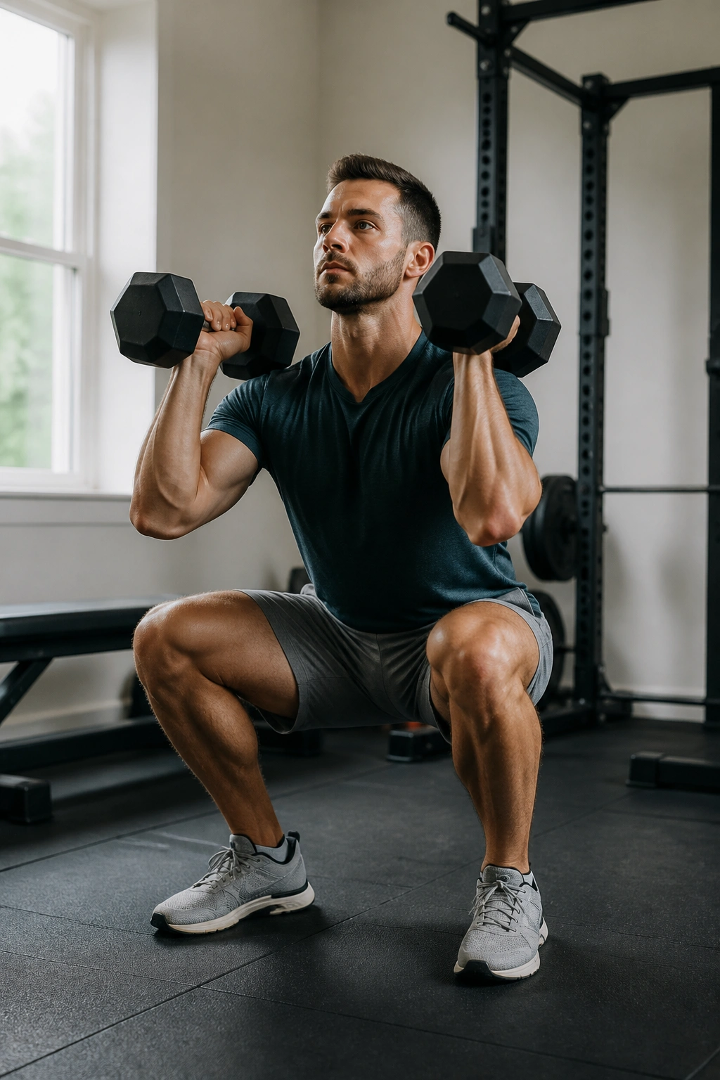 Lifter performing dumbbell thruster in compact home gym for 30-minute express plan