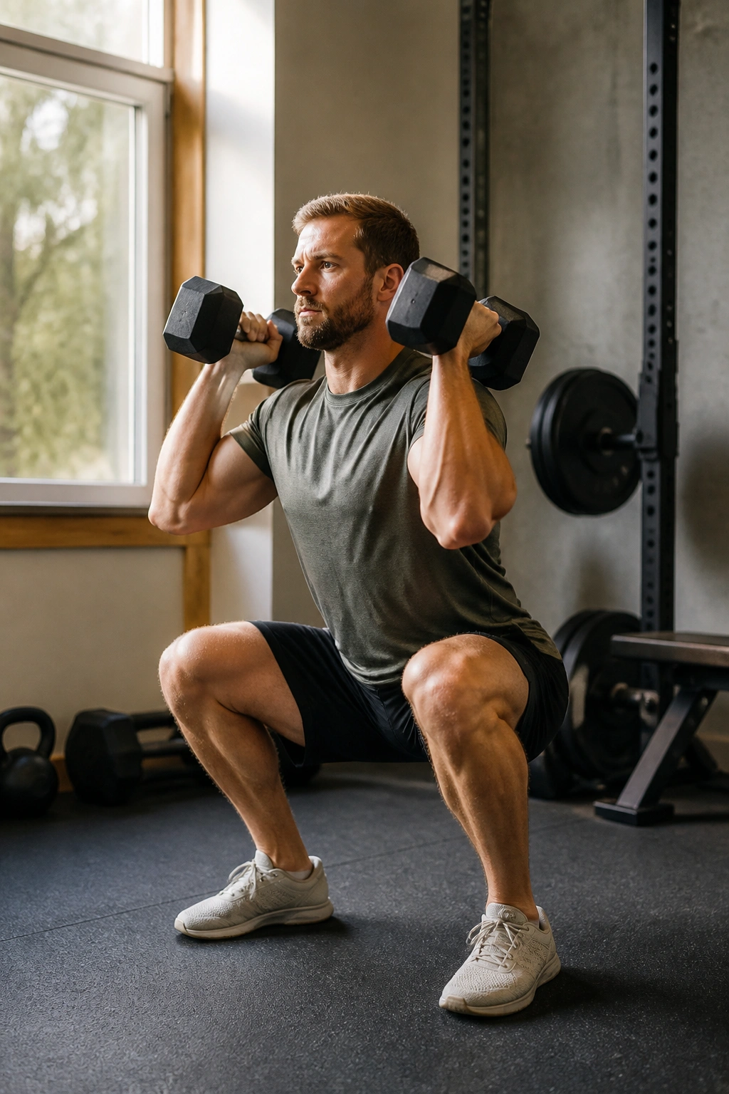 Person performing dumbbell thruster in a small gym