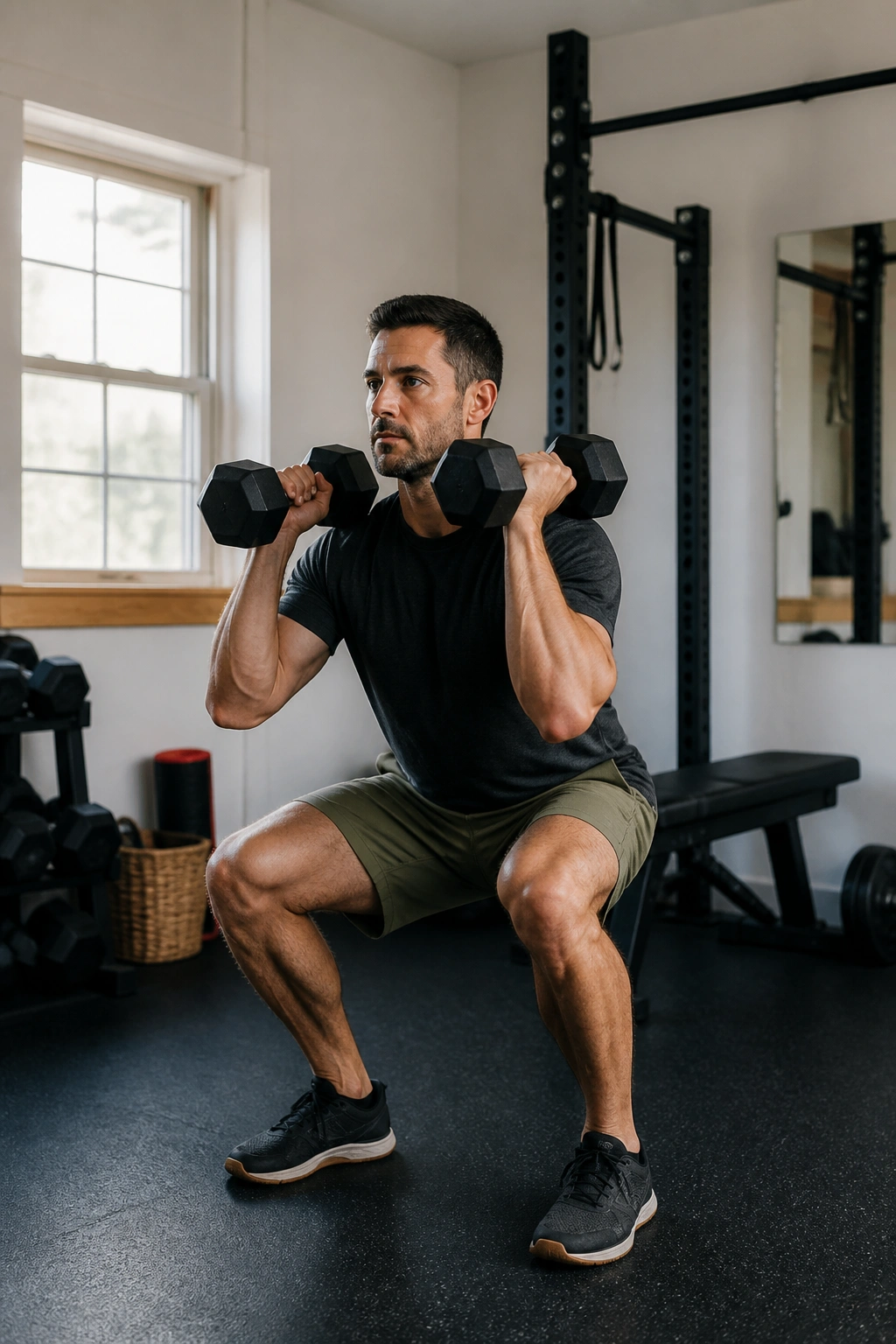 Real person doing a dumbbell thruster in a small home gym for busy 30-minute plan