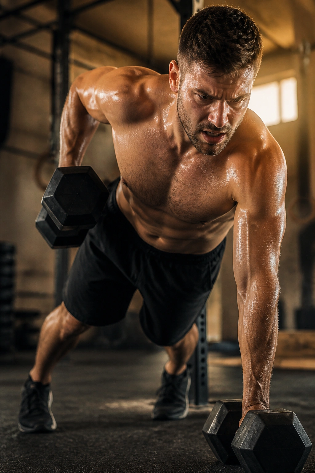 Sweaty athlete performing a high-volume 300-rep circuit