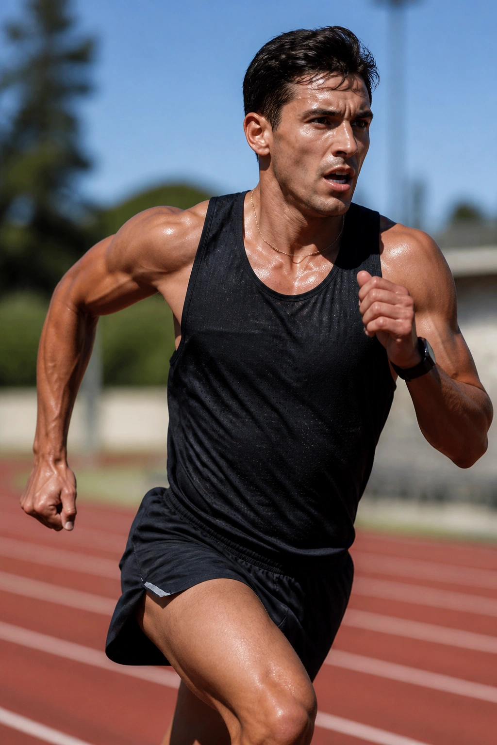 Runner performing 30/30 intervals on track with strong cadence