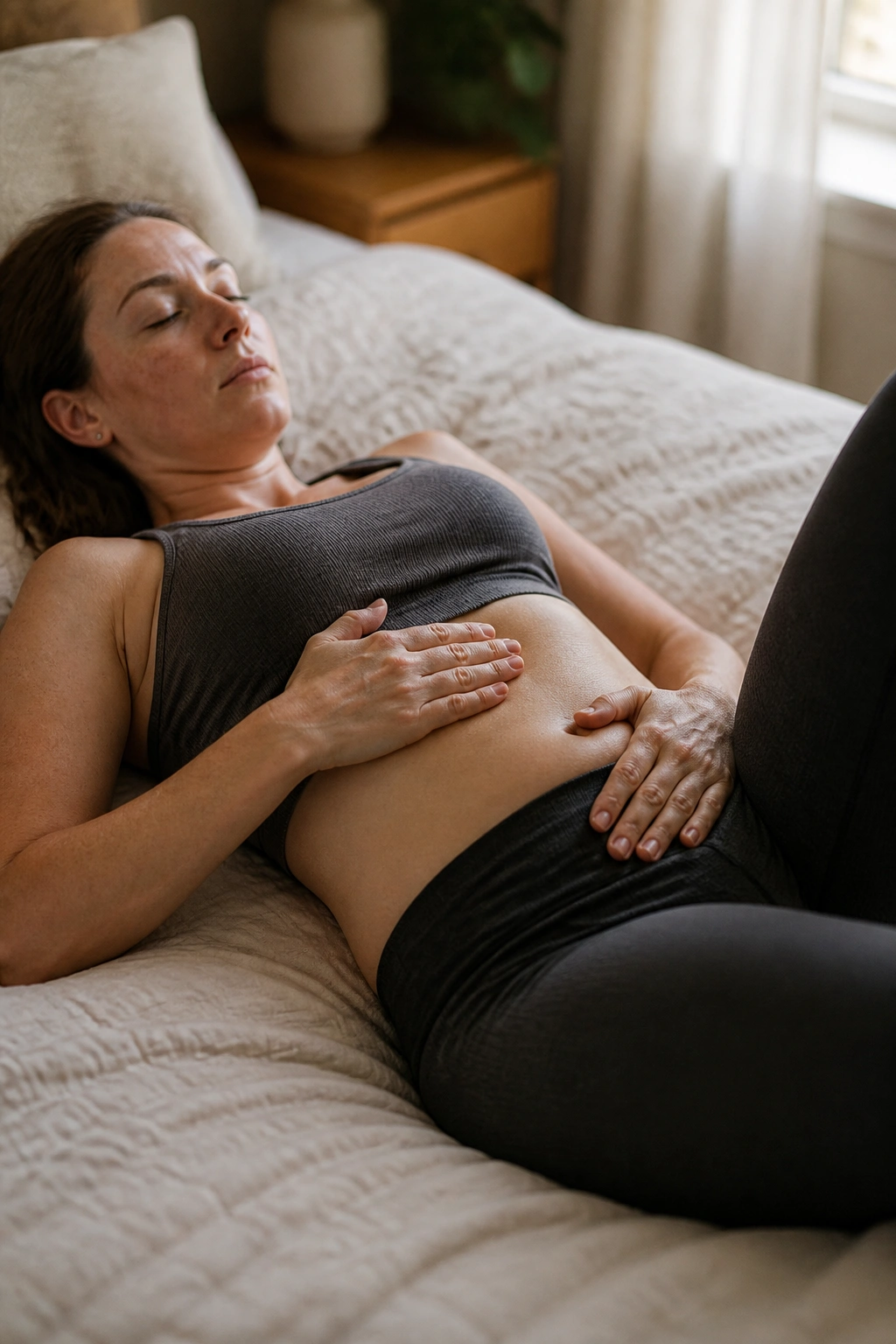 Postpartum woman performing 360 breathing to reset rib flare, torso-focused