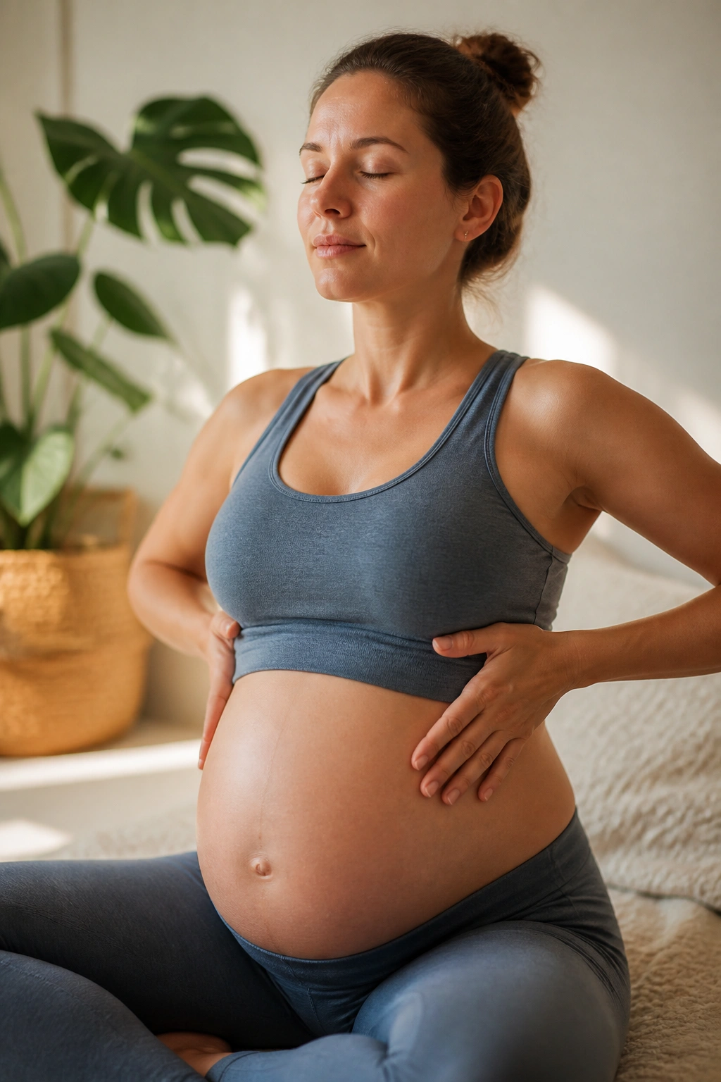 Pregnant person practicing 360-degree breathing, ribs expanding in all directions